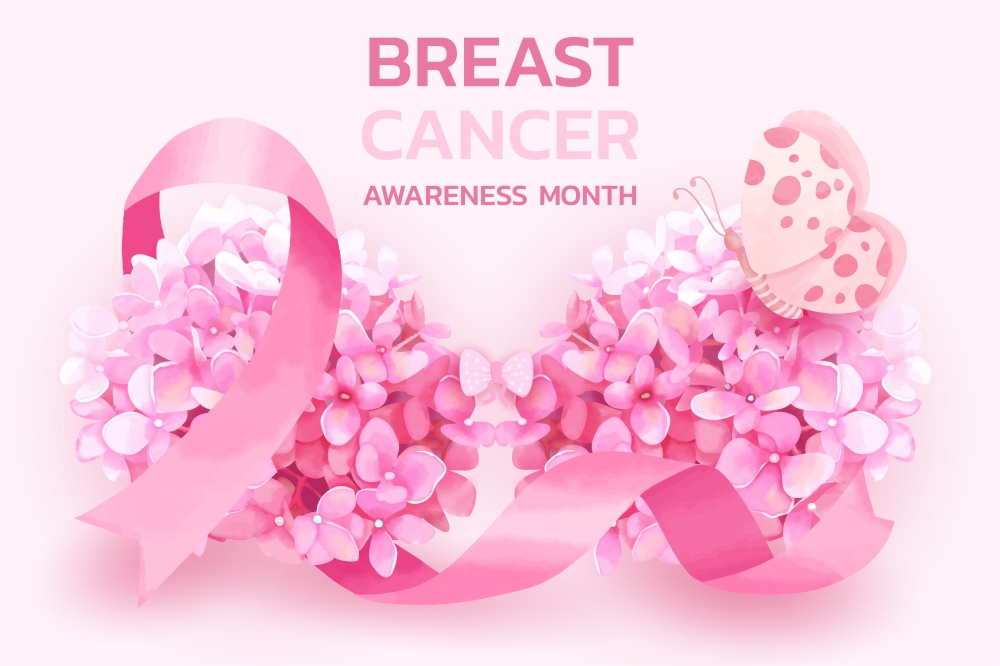Breast cancer awareness month with pink ribbon and hydrangea flowers concept