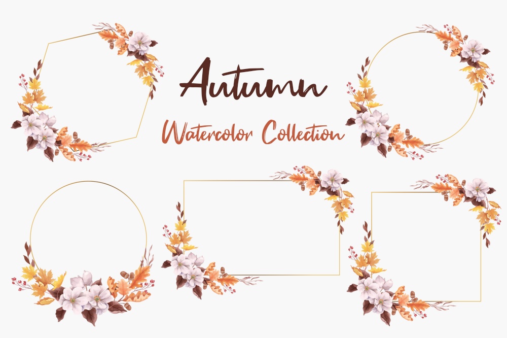 Watercolor autumn frames with leaves and acorns