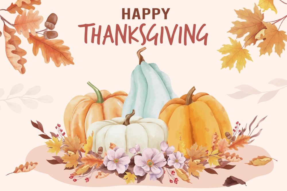 Watercolor happy thanksgiving day background with autumn leaves and pumpkins