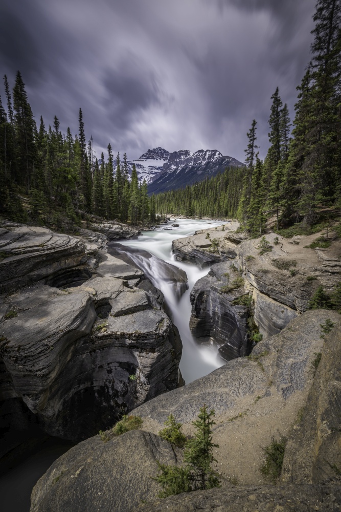 An afternoon view of the Mistaya Canyon along the Icefields Parkway of Banff National Park.