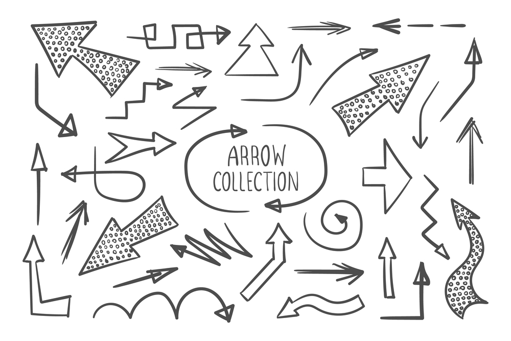 Doodle vector arrows. Collection of hand drawn arrows. Arrows icons set. Vector illustration