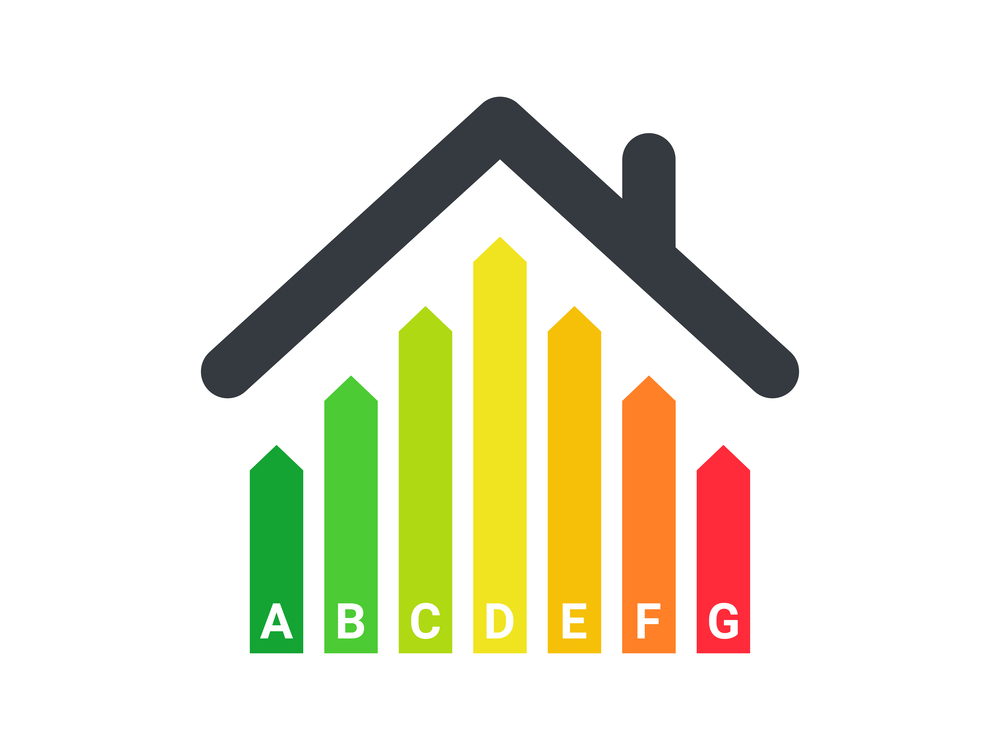 Energy efficiency rating. Energy efficient house. Green house symbol with energy rating. Vector illustration