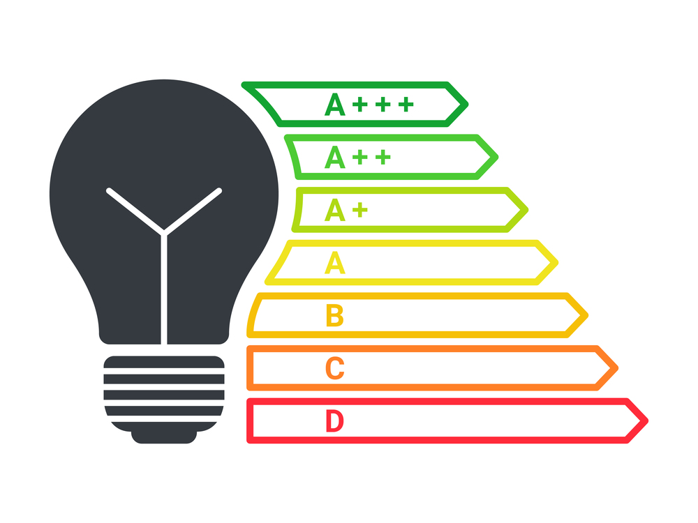 Energy efficient light bulb. Energy efficiency rating. Flat design. Vector illustration