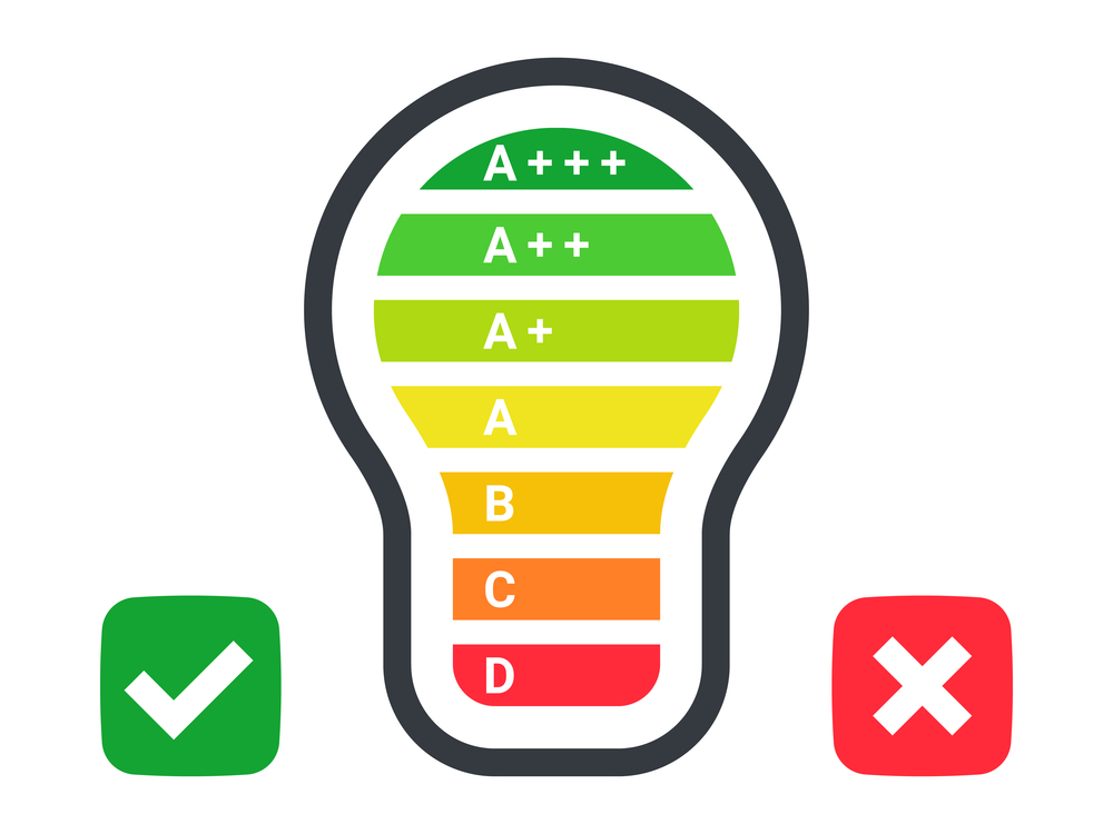 Energy efficient light bulb. Energy efficiency rating. Light bulb with check mark icons. Vector illustration