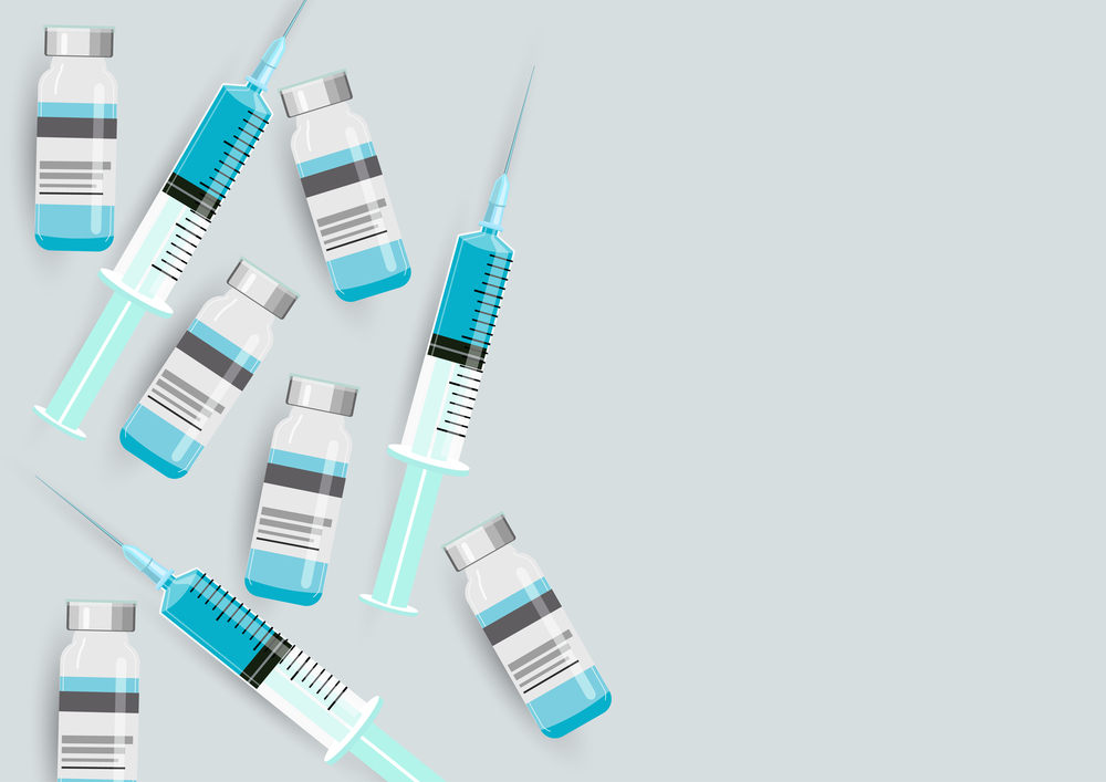 Medicine bottle for injection. The blue liquid vaccine in Medical glass vials, syringe for vaccination, for prevention. Isolated vector illustration Covid-19 Coronavirus concept. with copy space.