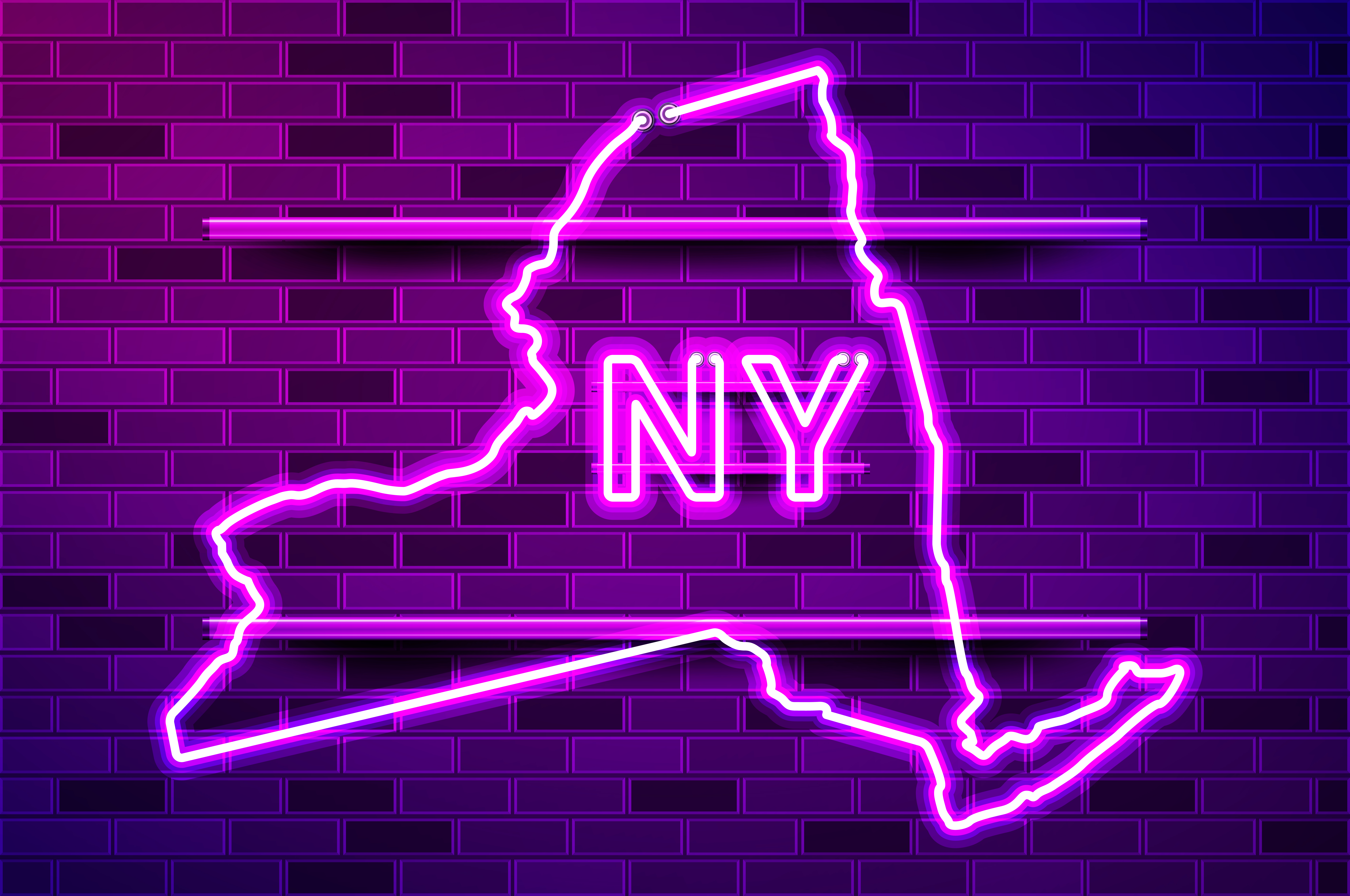 New York US state glowing neon lamp sign. Realistic vector illustration. Purple brick wall, violet glow, metal holders.. New York US state glowing purple neon lamp sign