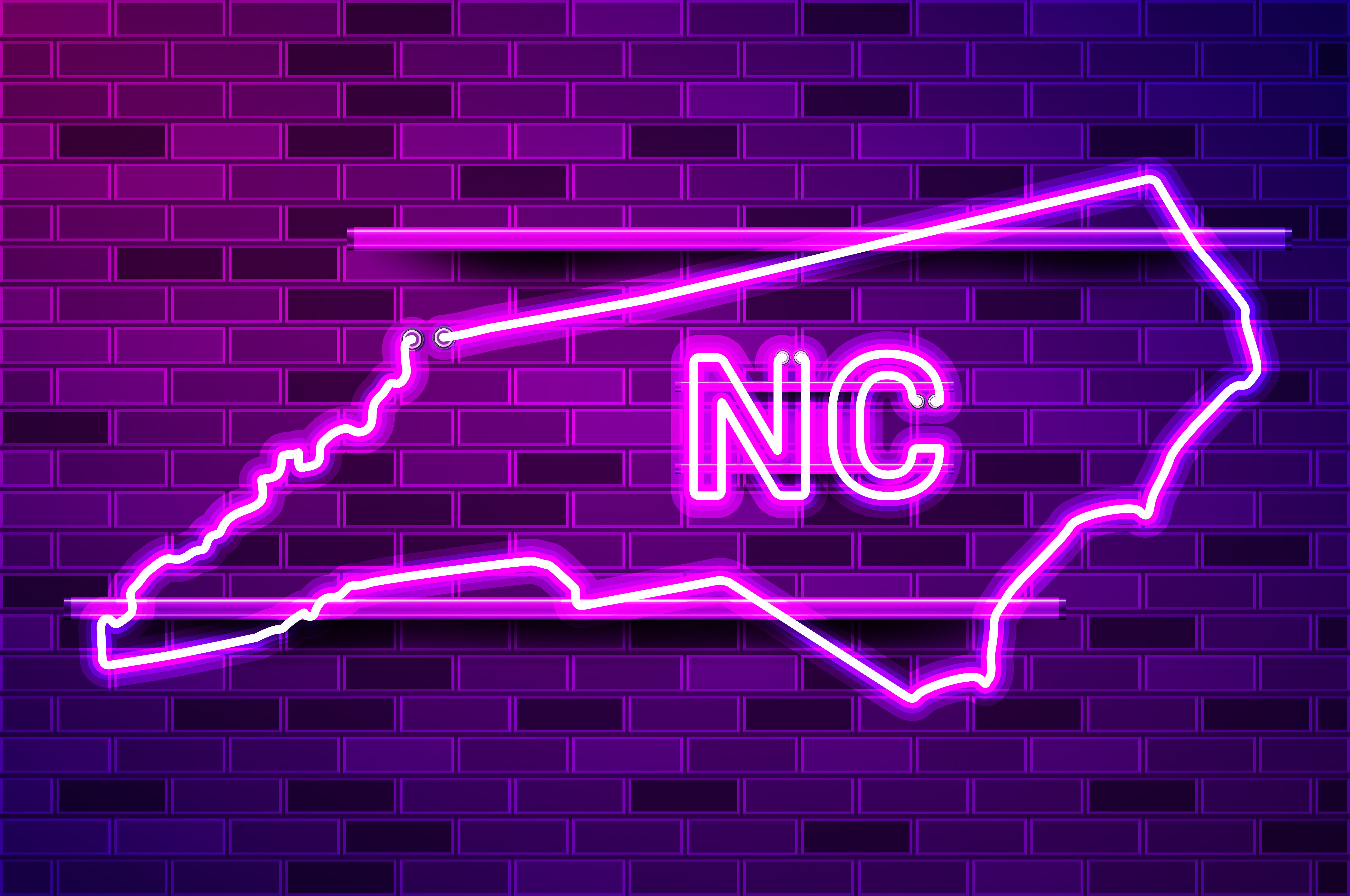 North Carolina US state glowing neon lamp sign. Realistic vector illustration. Purple brick wall, violet glow, metal holders.. North Carolina US state glowing purple neon lamp sign