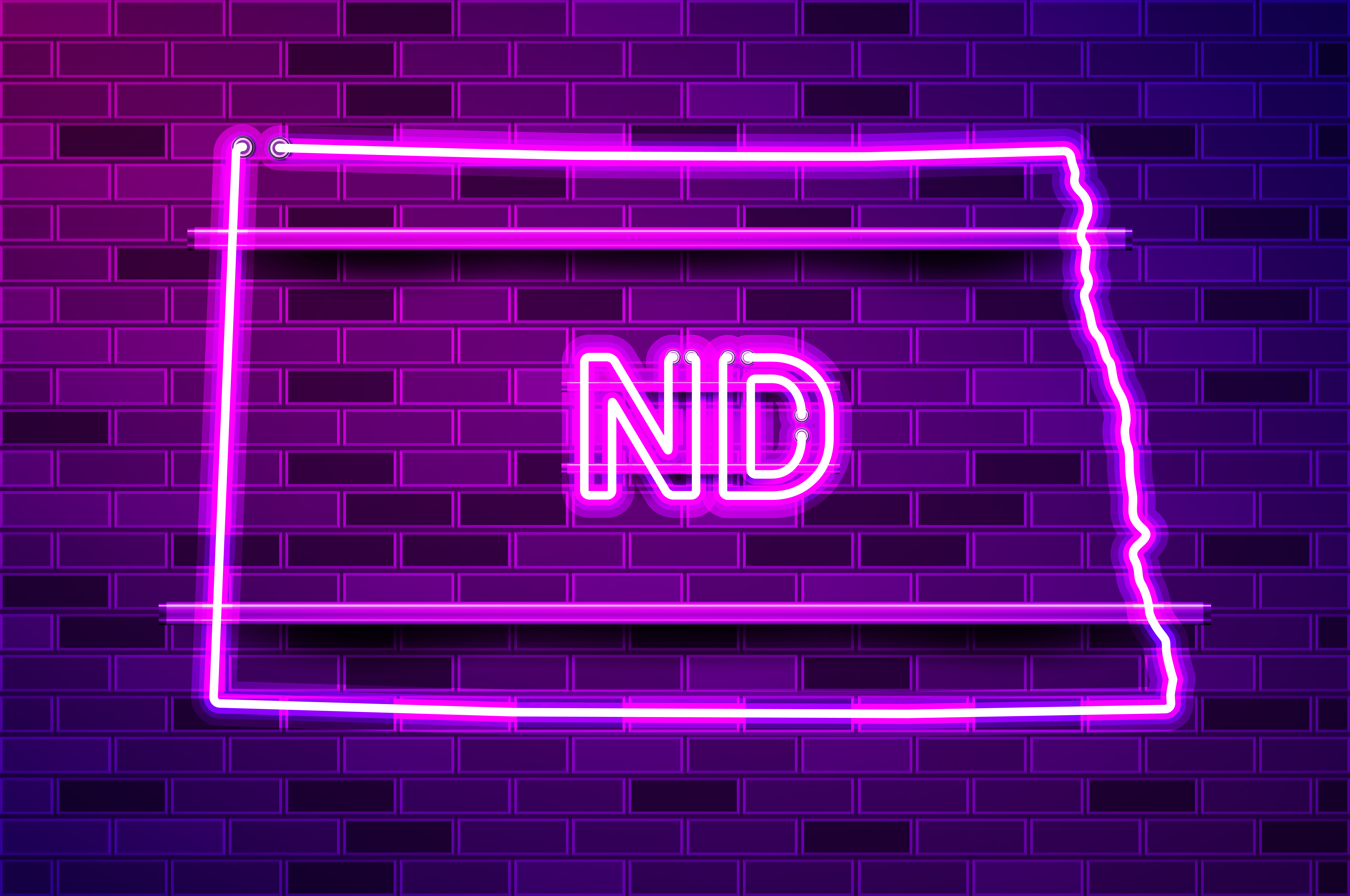 North Dakota US state glowing neon lamp sign. Realistic vector illustration. Purple brick wall, violet glow, metal holders.. North Dakota US state glowing purple neon lamp sign