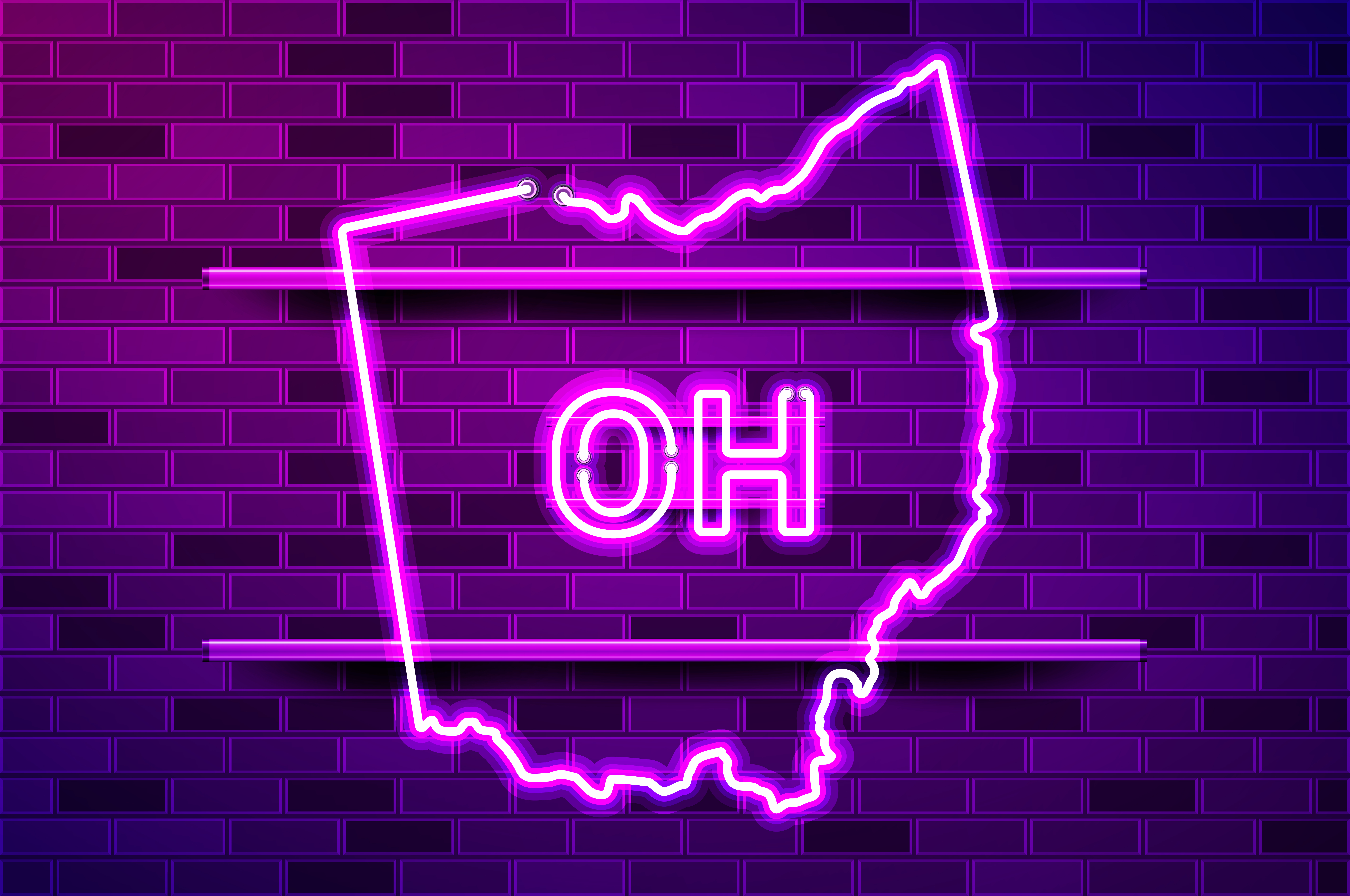 Ohio US state glowing neon lamp sign. Realistic vector illustration. Purple brick wall, violet glow, metal holders.. Ohio US state glowing purple neon lamp sign