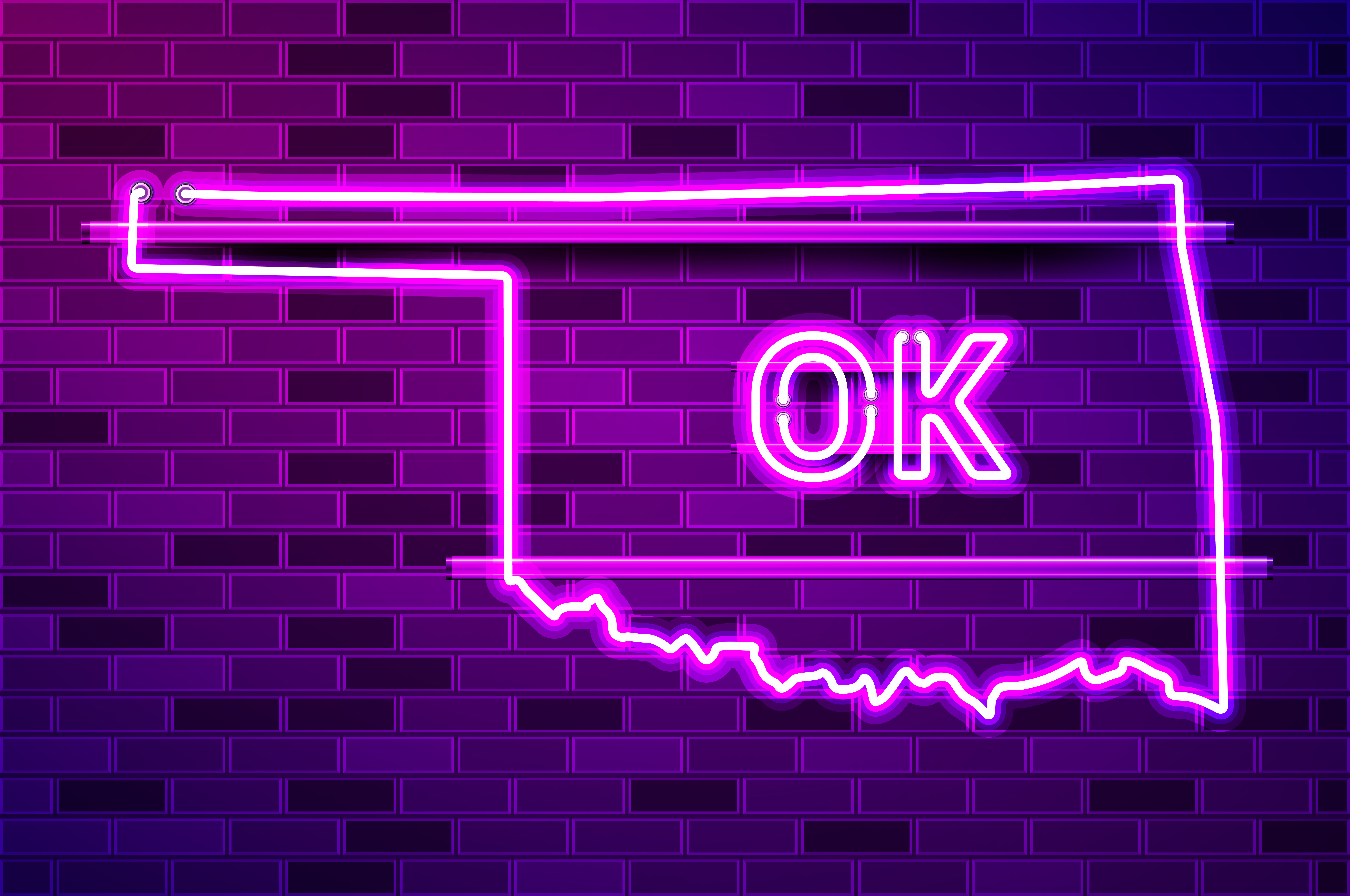 Oklahoma US state glowing neon lamp sign. Realistic vector illustration. Purple brick wall, violet glow, metal holders.. Oklahoma US state glowing purple neon lamp sign