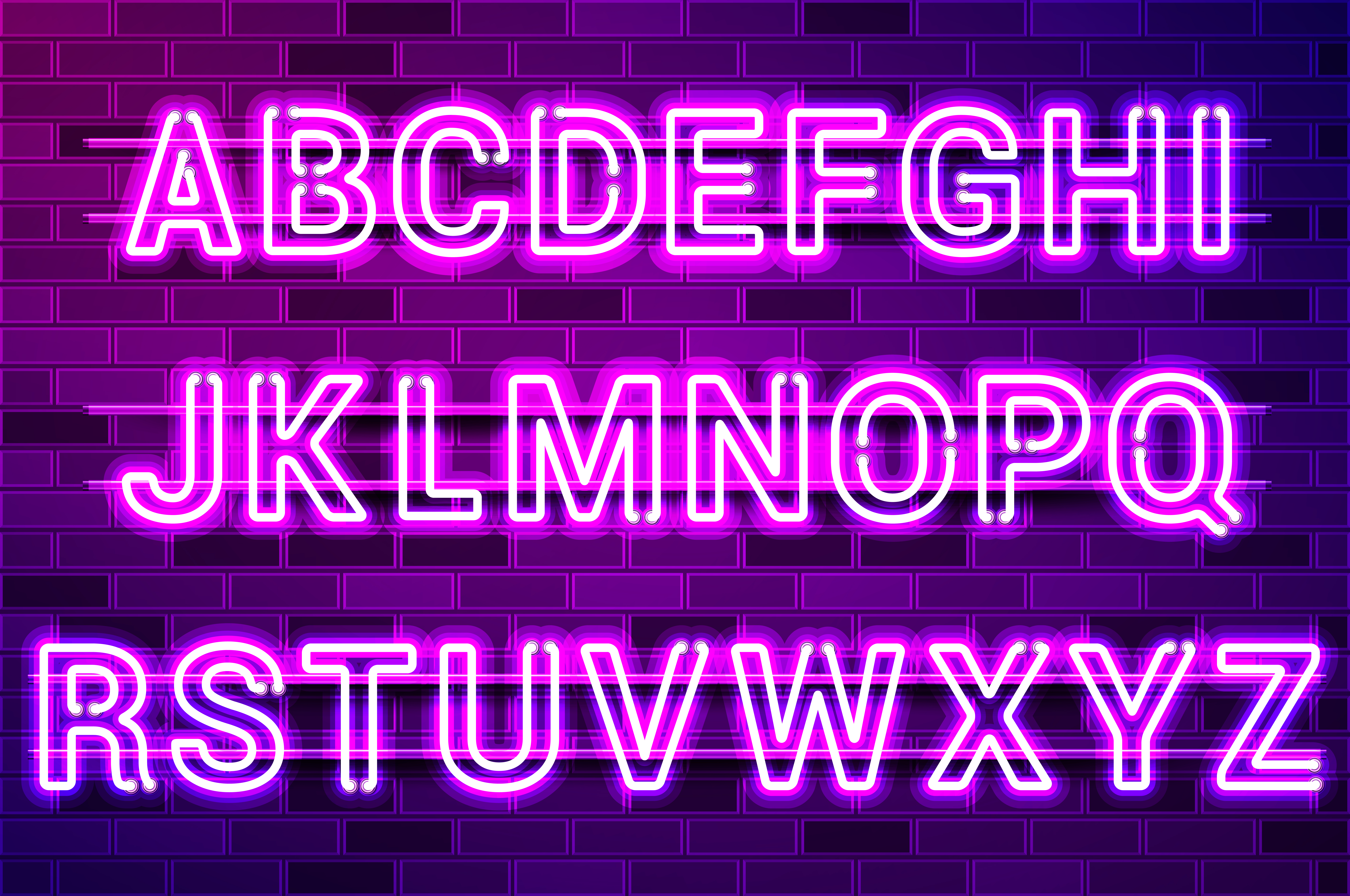 Glowing purple neon lamp alphabet. Realistic vector illustration. Purple brick wall, violet glow, metal holders.. Glowing purple neon lamp alphabet