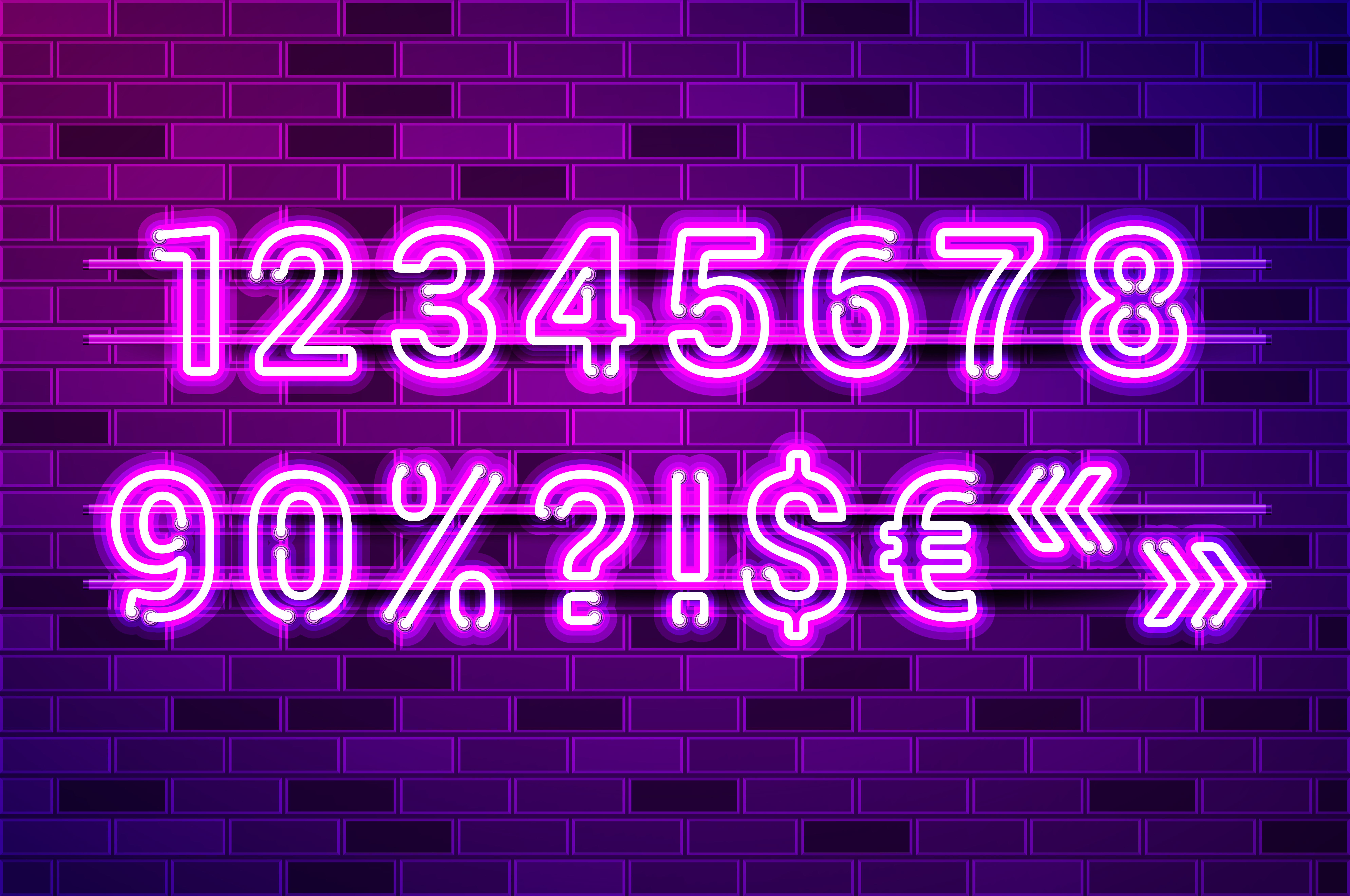 Glowing purple neon lamp numbers and special characters. Realistic vector illustration. Purple brick wall, violet glow, metal holders.. Glowing purple neon lamp numbers and special characters