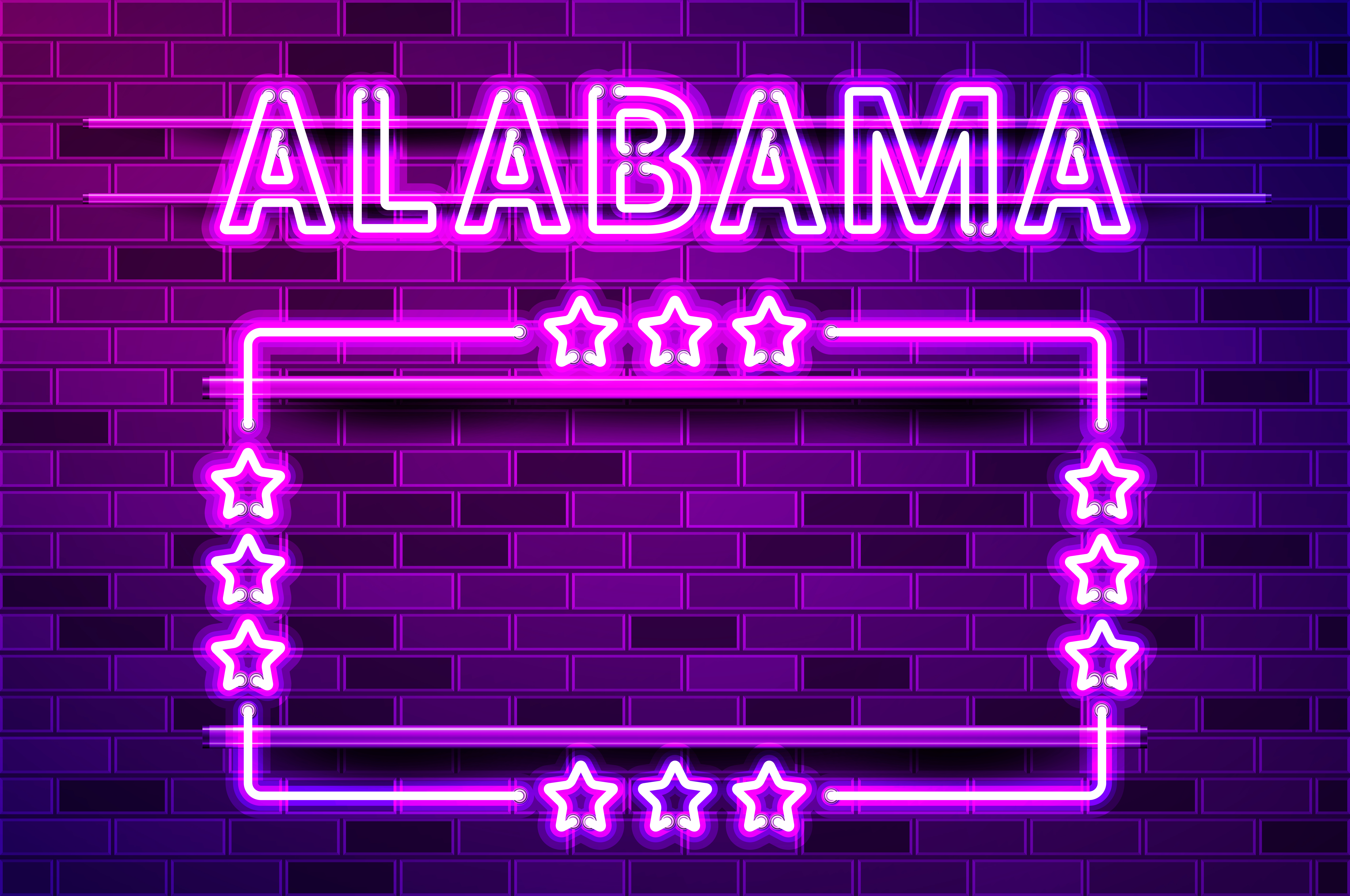 Alabama US State glowing purple neon lettering and a rectangular frame with stars. Realistic vector illustration. Purple brick wall, violet glow, metal holders.. Alabama US State glowing purple neon lettering and a rectangular frame with stars