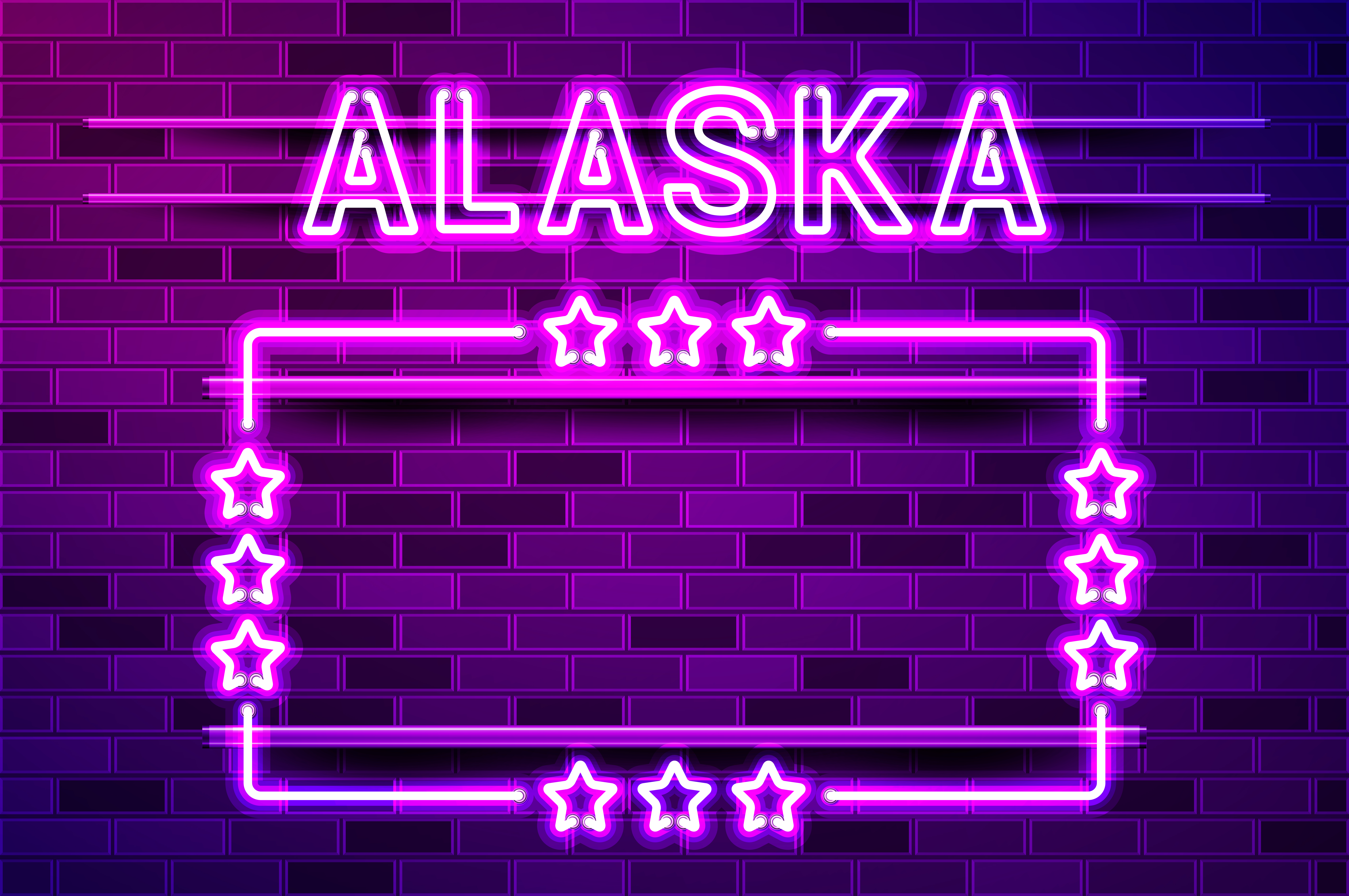 Alaska US State glowing purple neon lettering and a rectangular frame with stars. Realistic vector illustration. Purple brick wall, violet glow, metal holders.. Alaska US State glowing purple neon lettering and a rectangular frame with stars