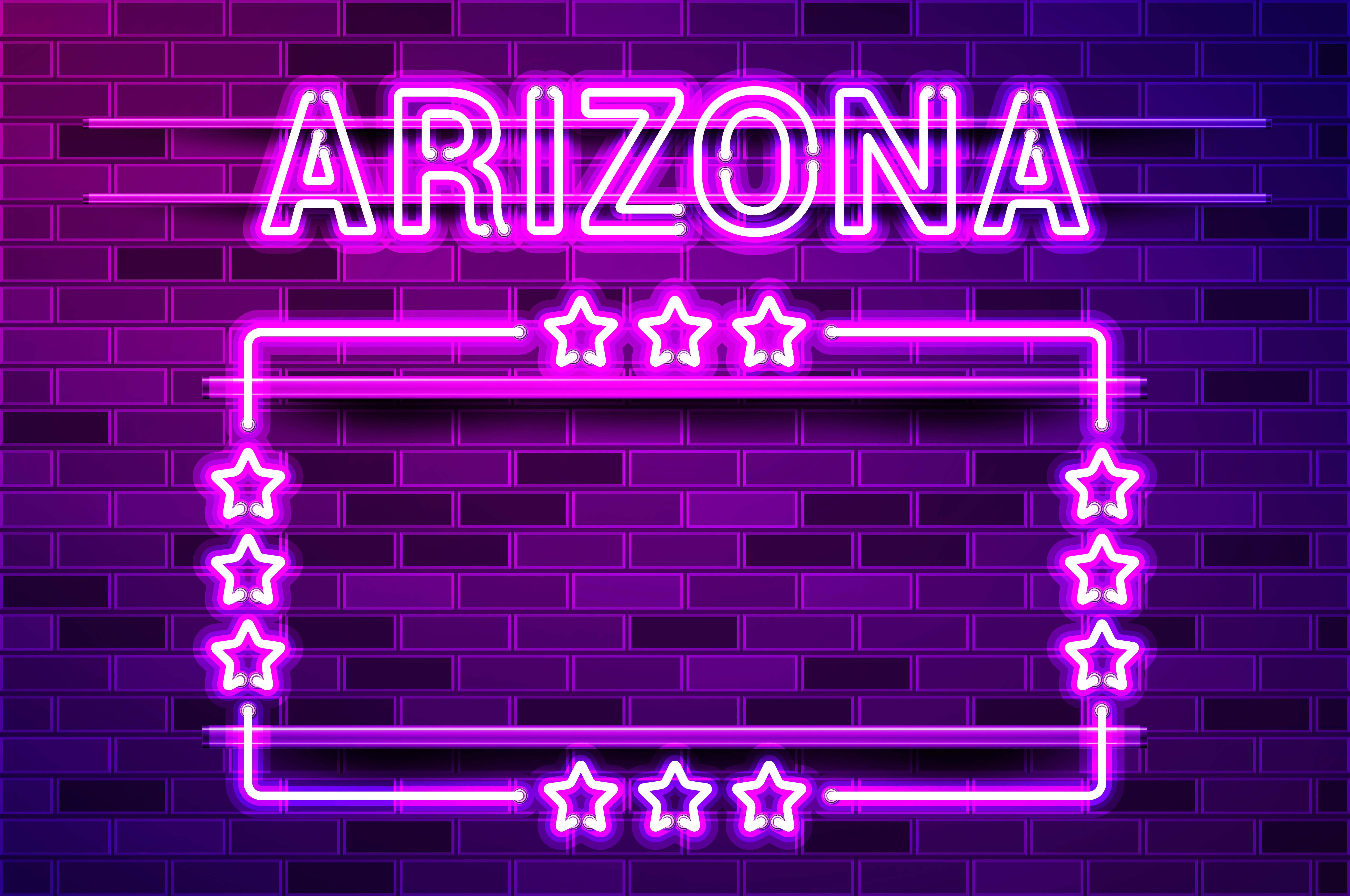 Arizona US State glowing purple neon lettering and a rectangular frame with stars. Realistic vector illustration. Purple brick wall, violet glow, metal holders.. Arizona US State glowing purple neon lettering and a rectangular frame with stars