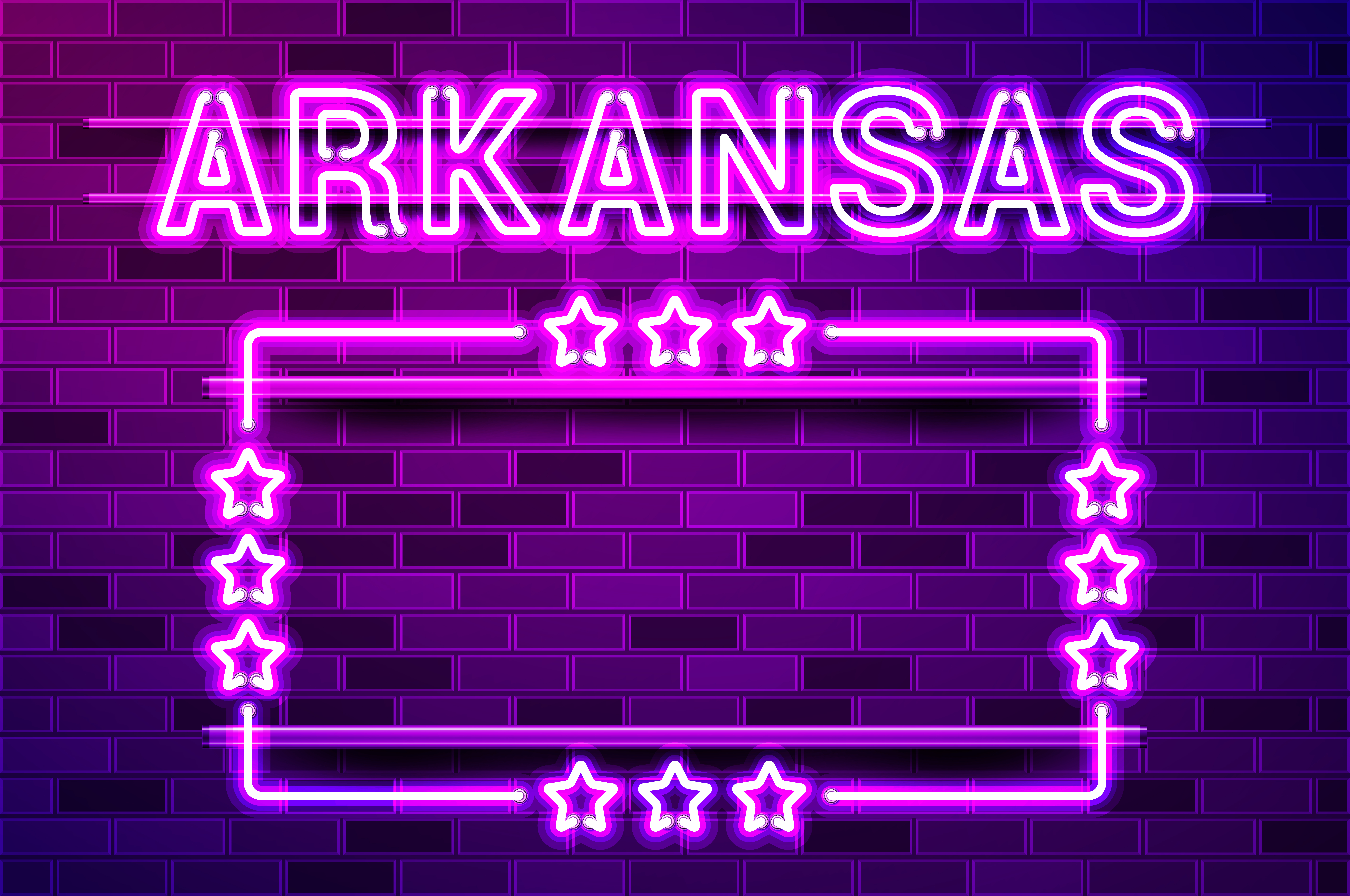 Arkansas US State glowing purple neon lettering and a rectangular frame with stars. Realistic vector illustration. Purple brick wall, violet glow, metal holders.. Arkansas US State glowing purple neon lettering and a rectangular frame with stars