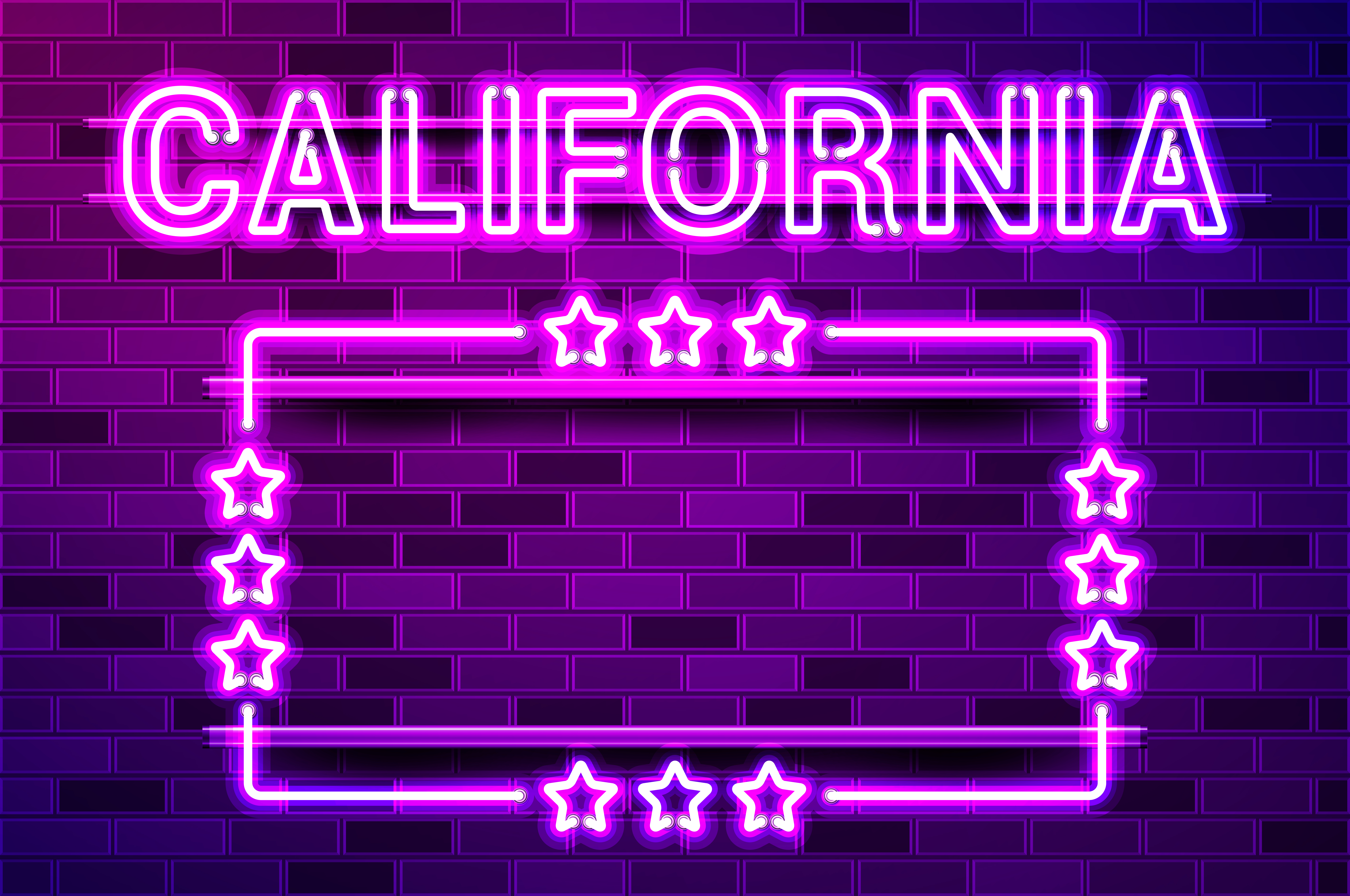 California US State glowing purple neon lettering and a rectangular frame with stars. Realistic vector illustration. Purple brick wall, violet glow, metal holders.. California US State glowing purple neon lettering and a rectangular frame with stars