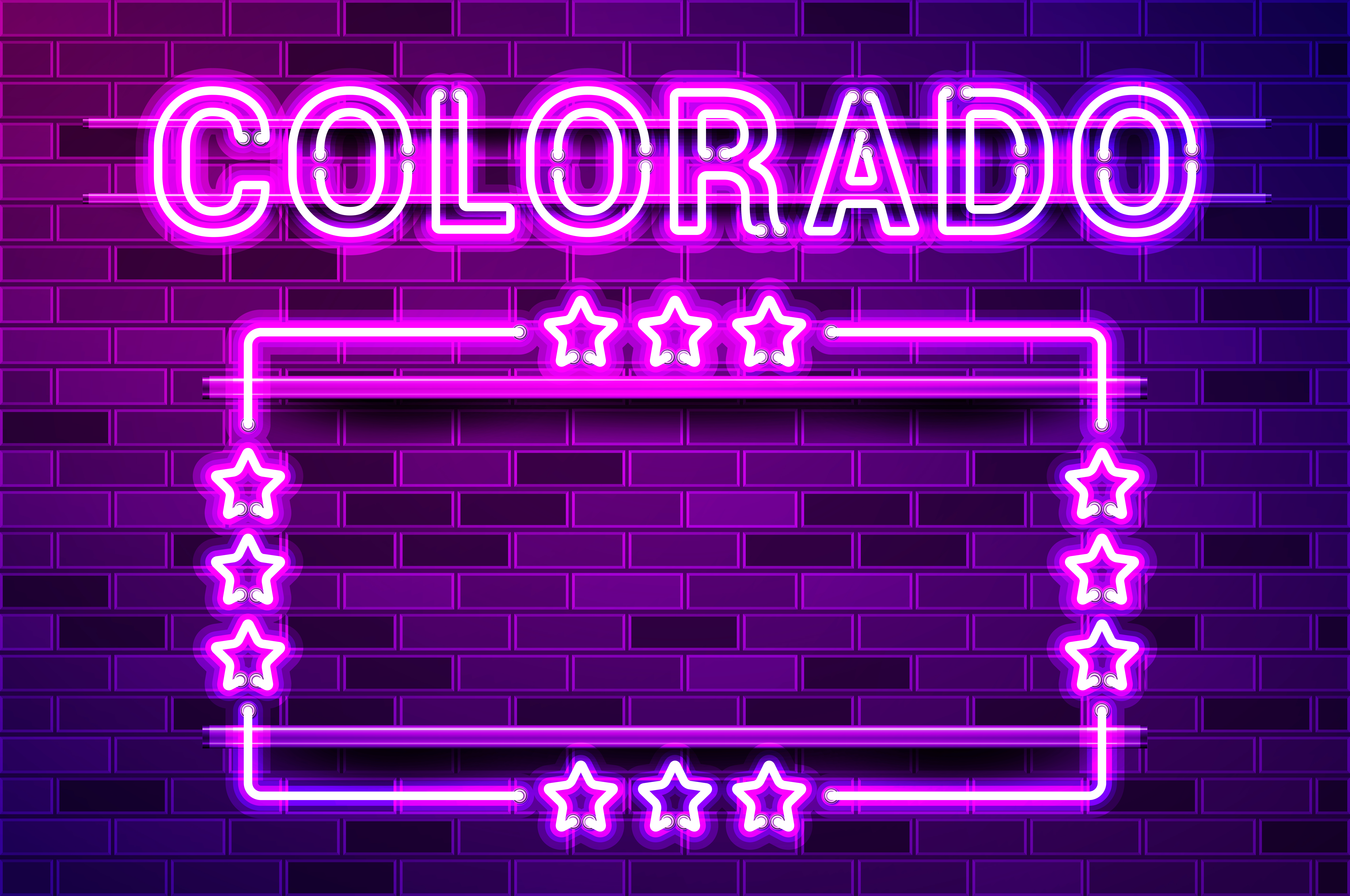 Colorado US State glowing purple neon lettering and a rectangular frame with stars. Realistic vector illustration. Purple brick wall, violet glow, metal holders.. Colorado US State glowing purple neon lettering and a rectangular frame with stars