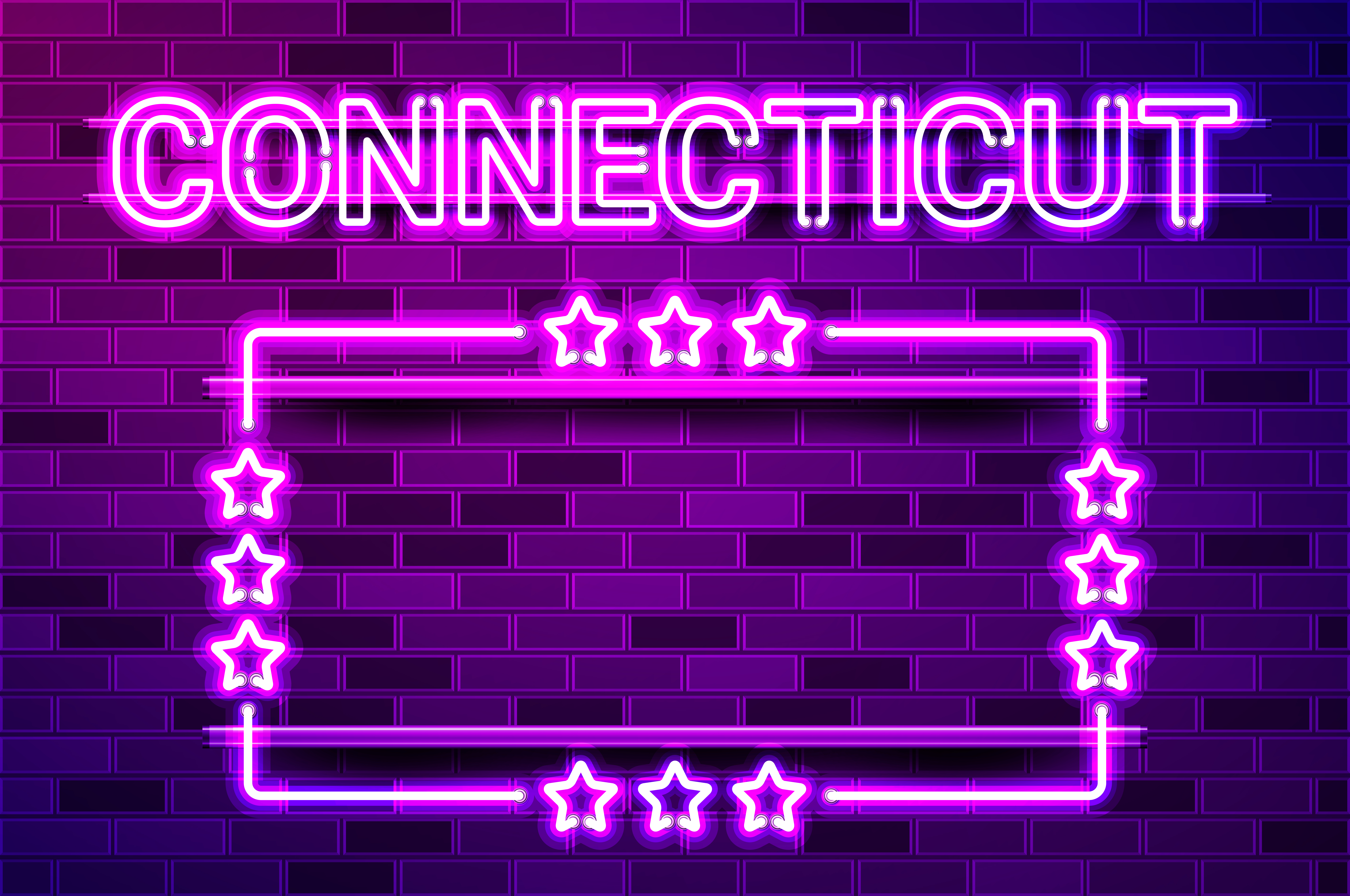 Connecticut US State glowing purple neon lettering and a rectangular frame with stars. Realistic vector illustration. Purple brick wall, violet glow, metal holders.. Connecticut US State glowing purple neon lettering and a rectangular frame with stars