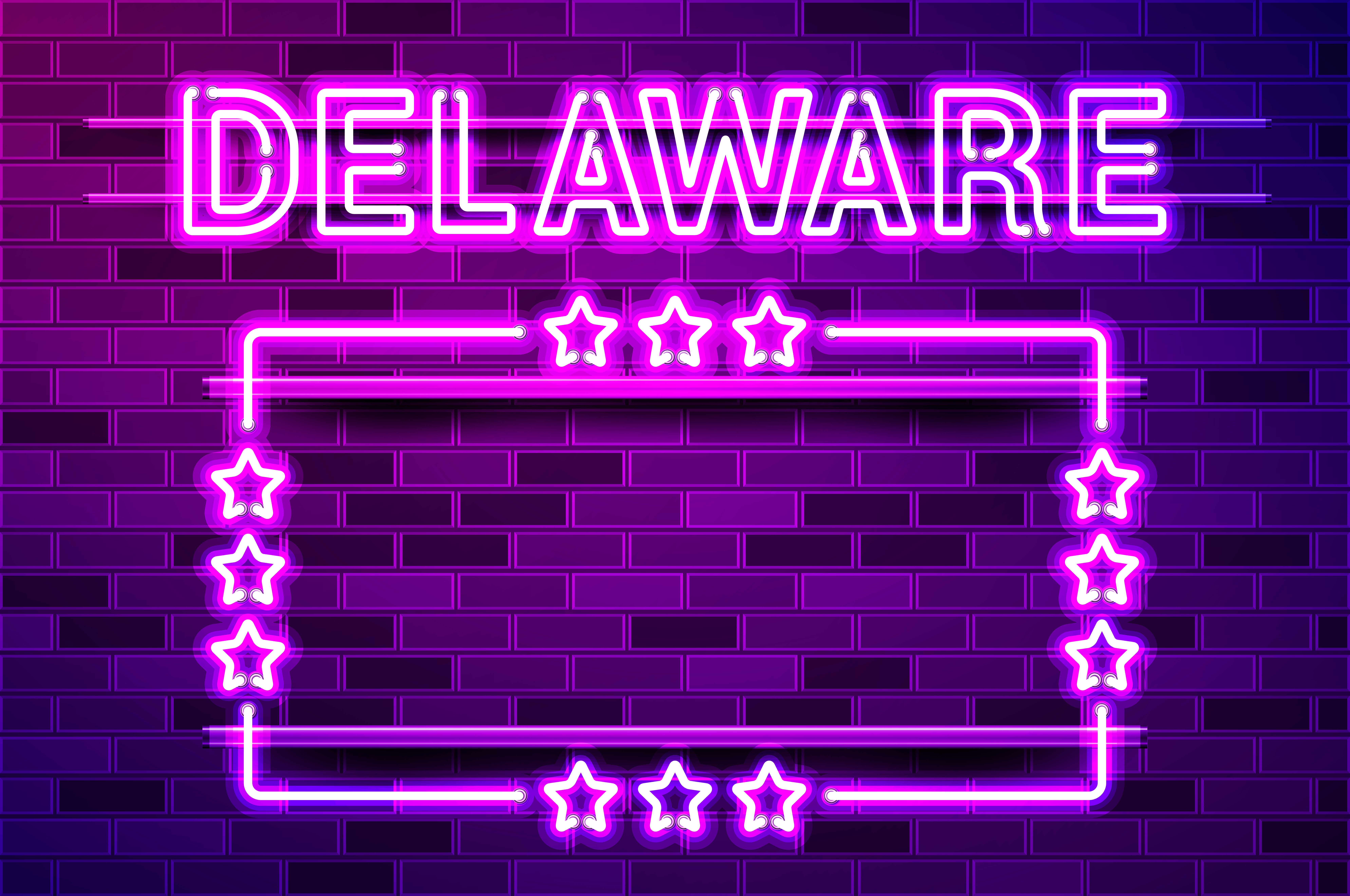 Delaware US State glowing purple neon lettering and a rectangular frame with stars. Realistic vector illustration. Purple brick wall, violet glow, metal holders.. Delaware US State glowing purple neon lettering and a rectangular frame with stars