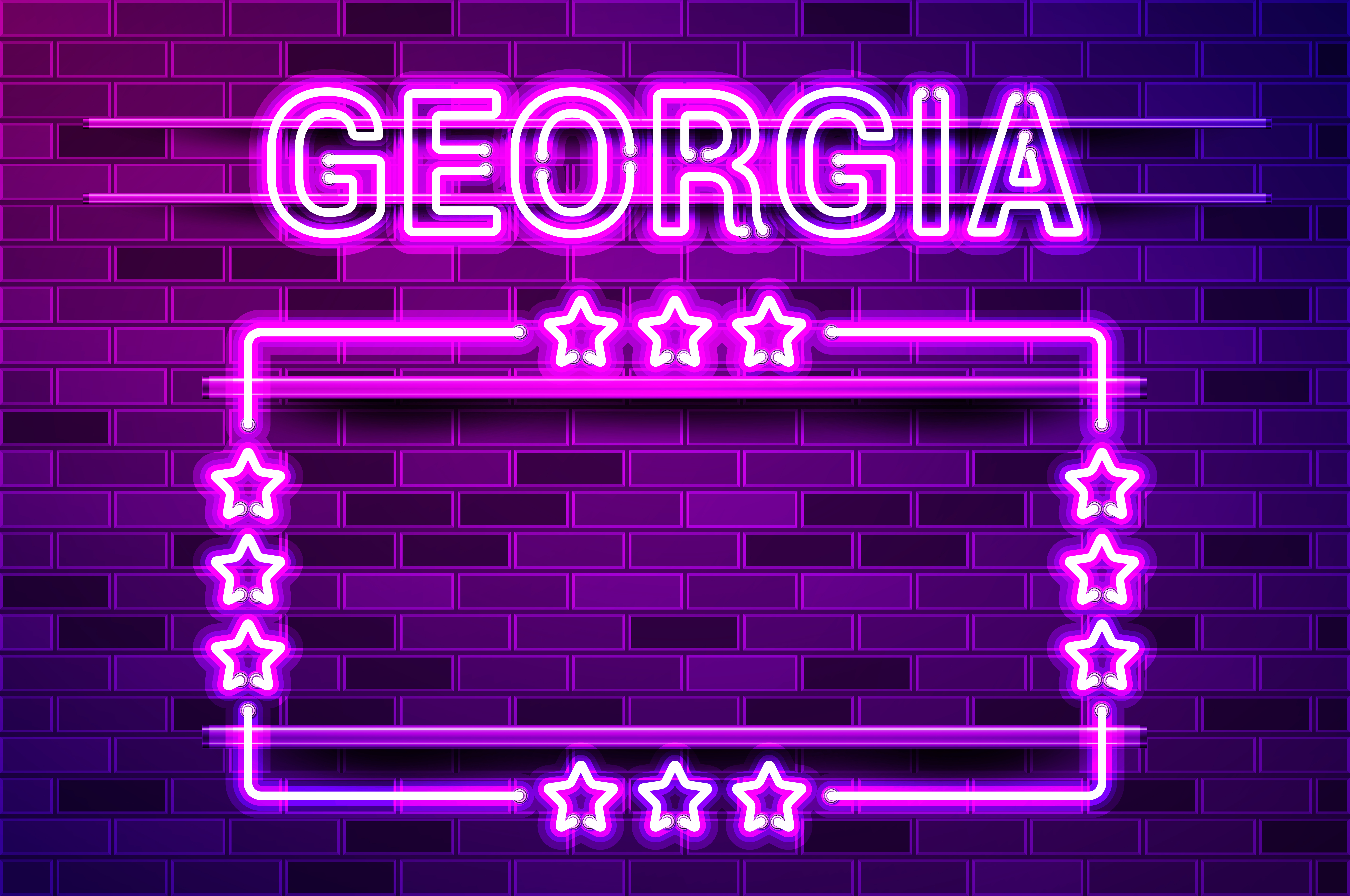 Georgia US State glowing purple neon lettering and a rectangular frame with stars. Realistic vector illustration. Purple brick wall, violet glow, metal holders.. Georgia US State glowing purple neon lettering and a rectangular frame with stars