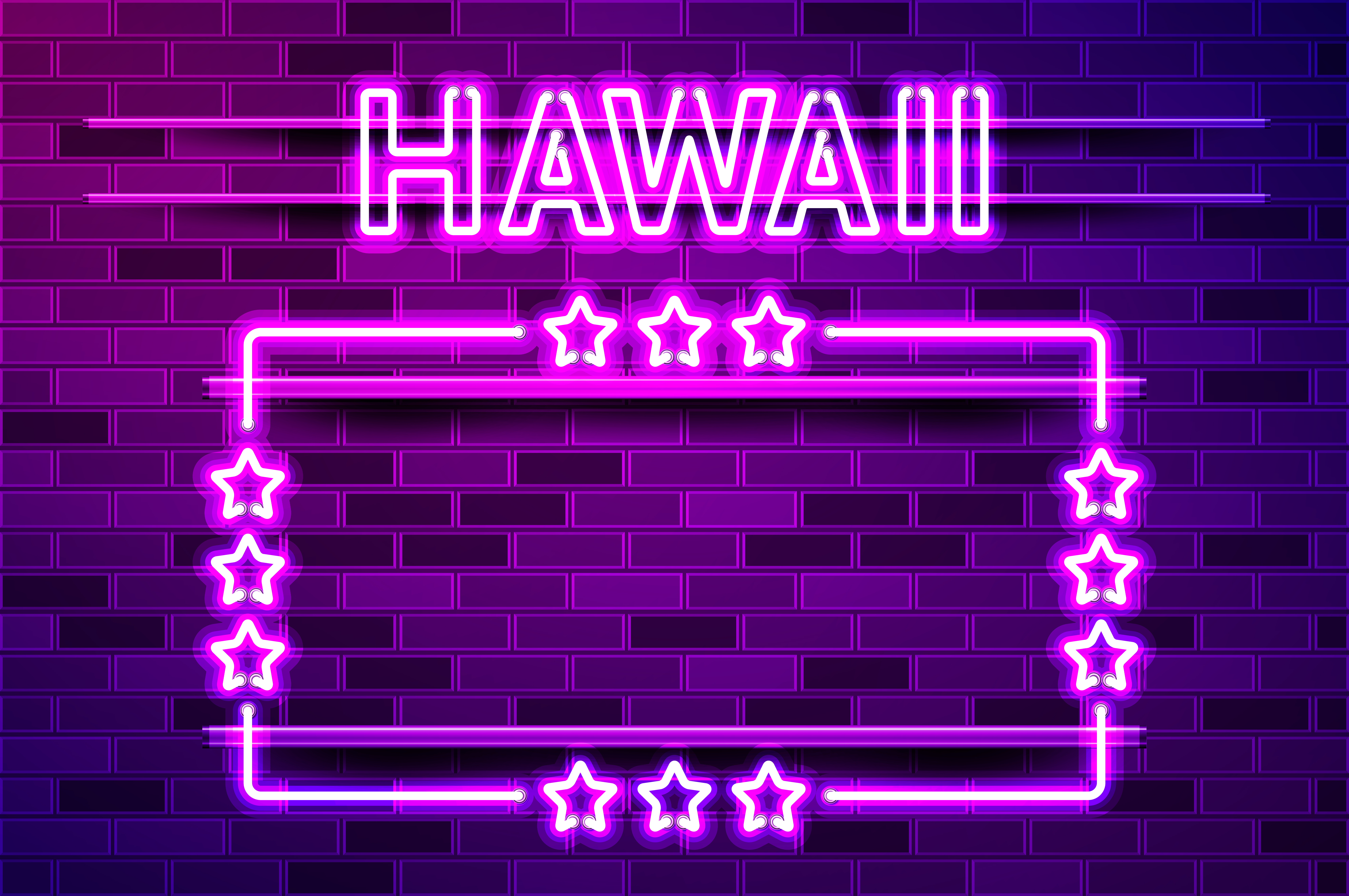 Hawaii US State glowing purple neon lettering and a rectangular frame with stars. Realistic vector illustration. Purple brick wall, violet glow, metal holders.. Hawaii US State glowing purple neon lettering and a rectangular frame with stars