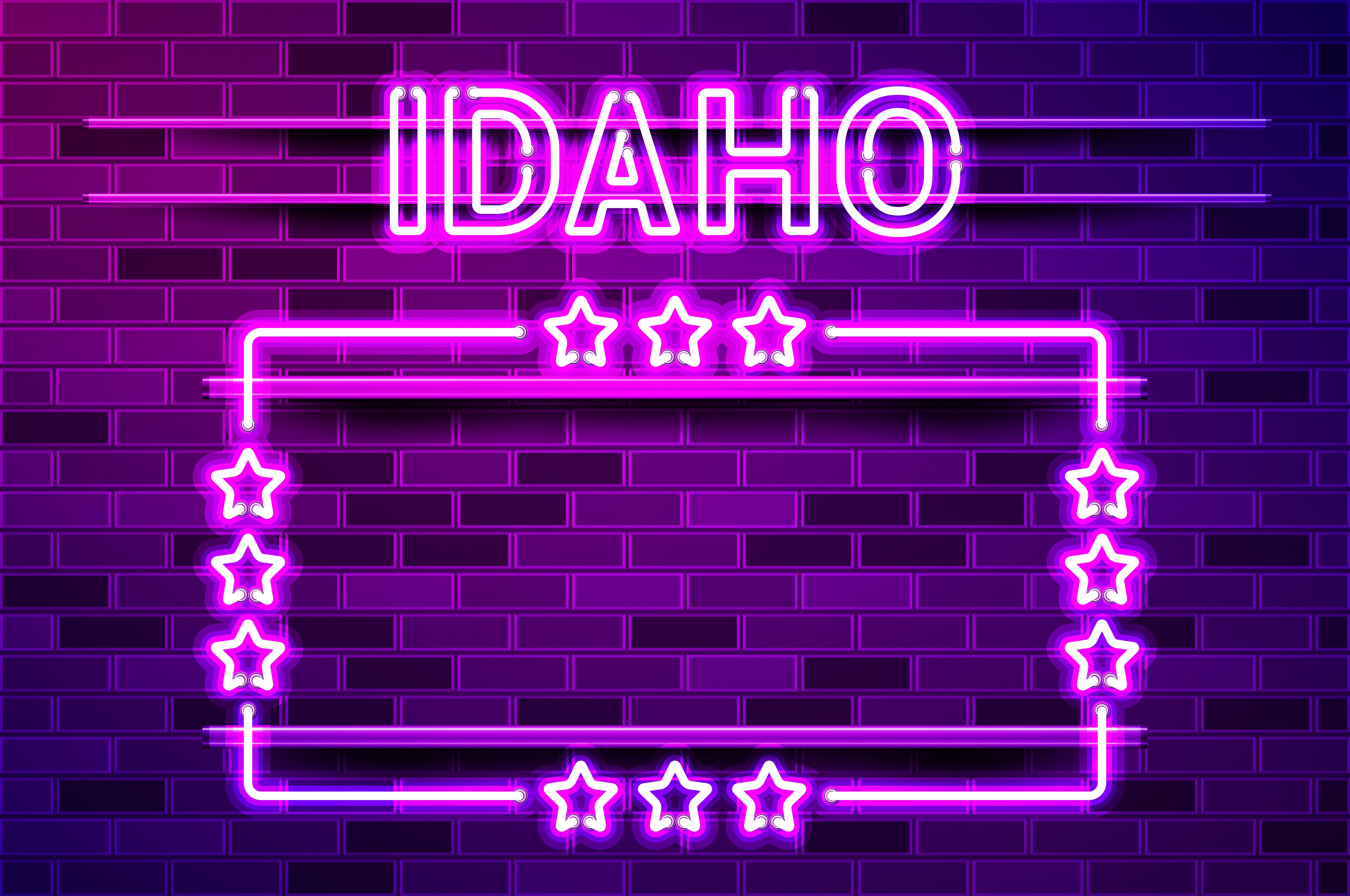 Idaho US State glowing purple neon lettering and a rectangular frame with stars. Realistic vector illustration. Purple brick wall, violet glow, metal holders.. Idaho US State glowing purple neon lettering and a rectangular frame with stars