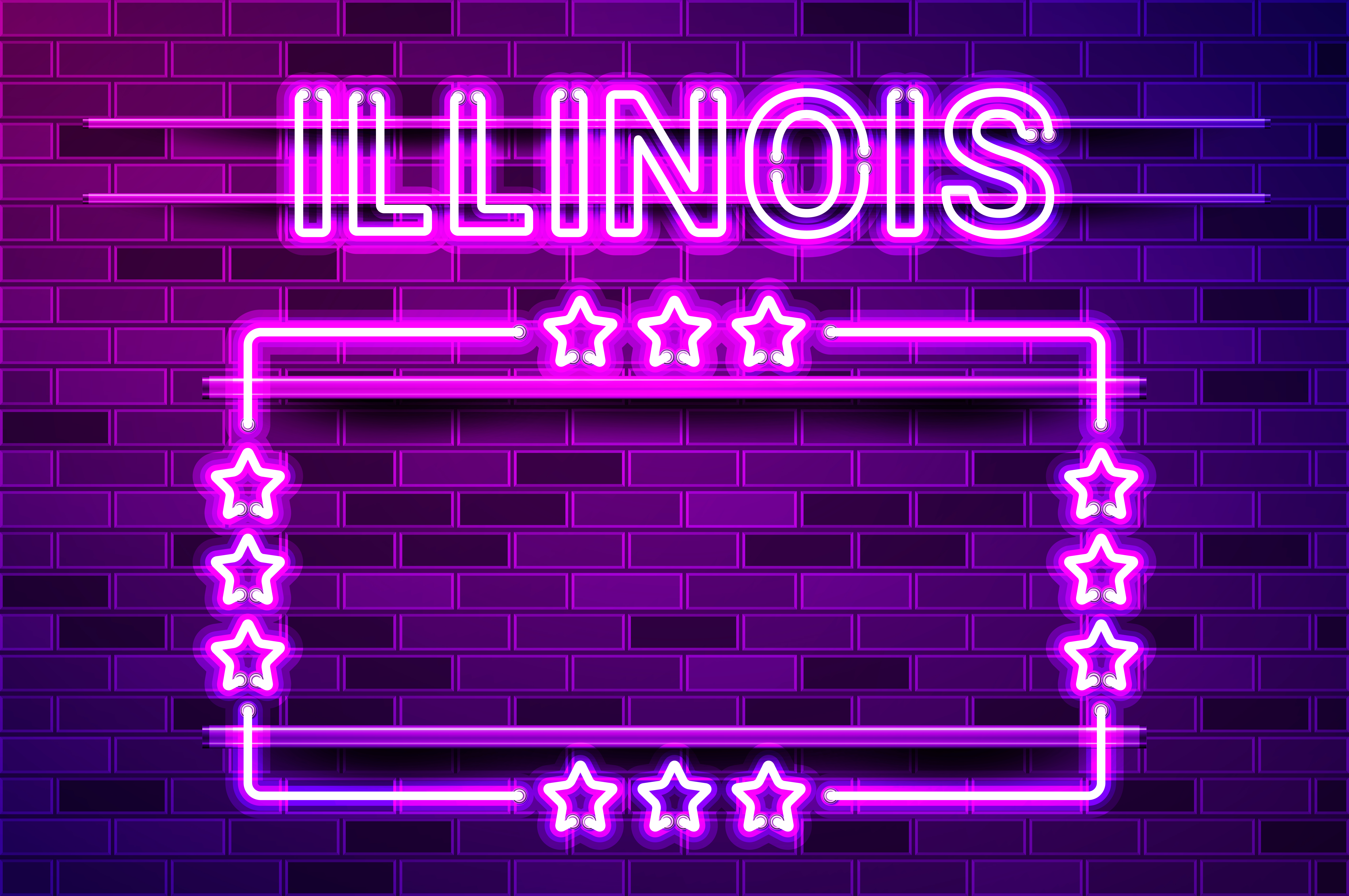 Illinois US State glowing purple neon lettering and a rectangular frame with stars. Realistic vector illustration. Purple brick wall, violet glow, metal holders.. Illinois US State glowing purple neon lettering and a rectangular frame with stars