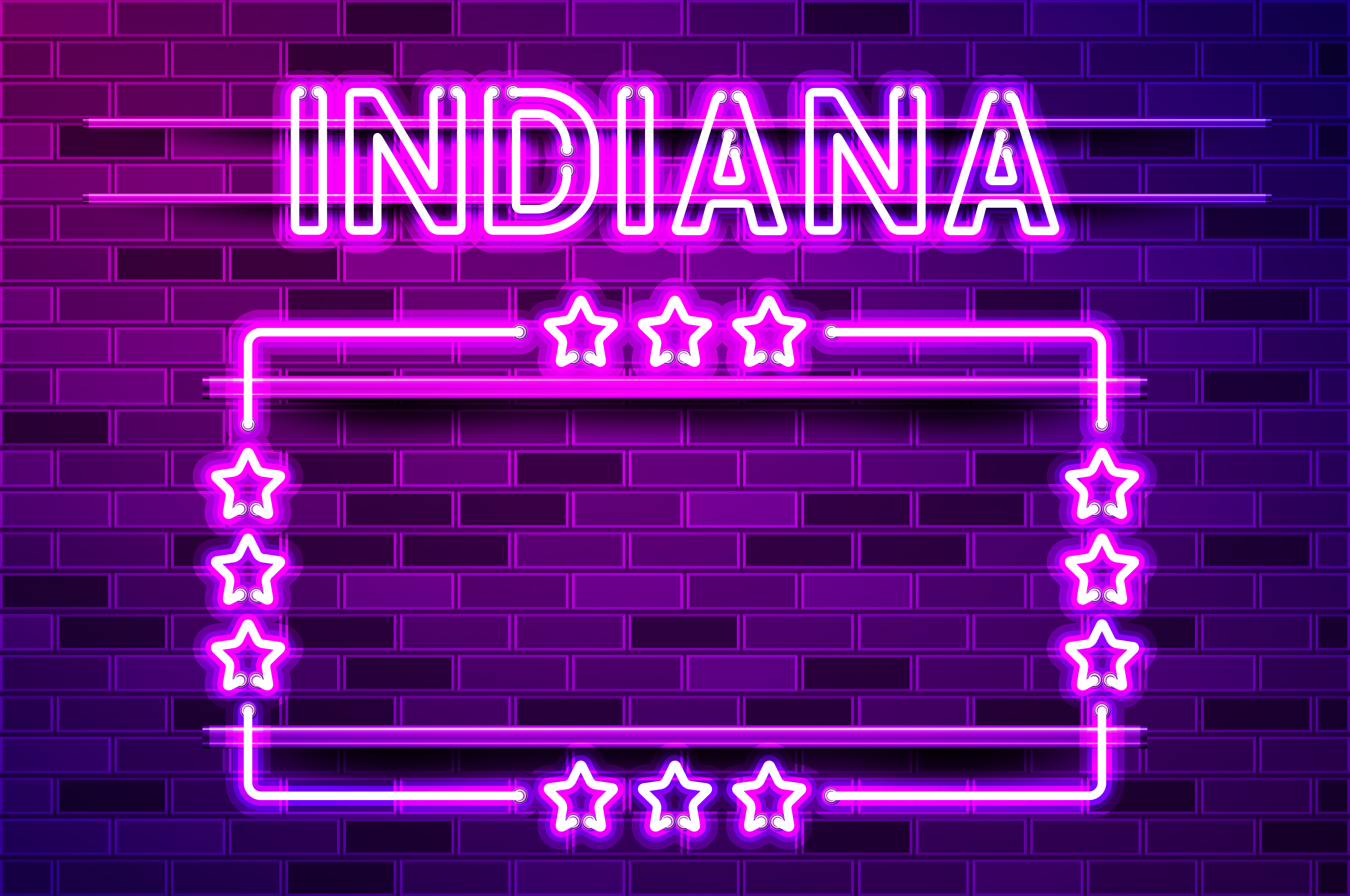 Indiana US State glowing purple neon lettering and a rectangular frame with stars. Realistic vector illustration. Purple brick wall, violet glow, metal holders.. Indiana US State glowing purple neon lettering and a rectangular frame with stars