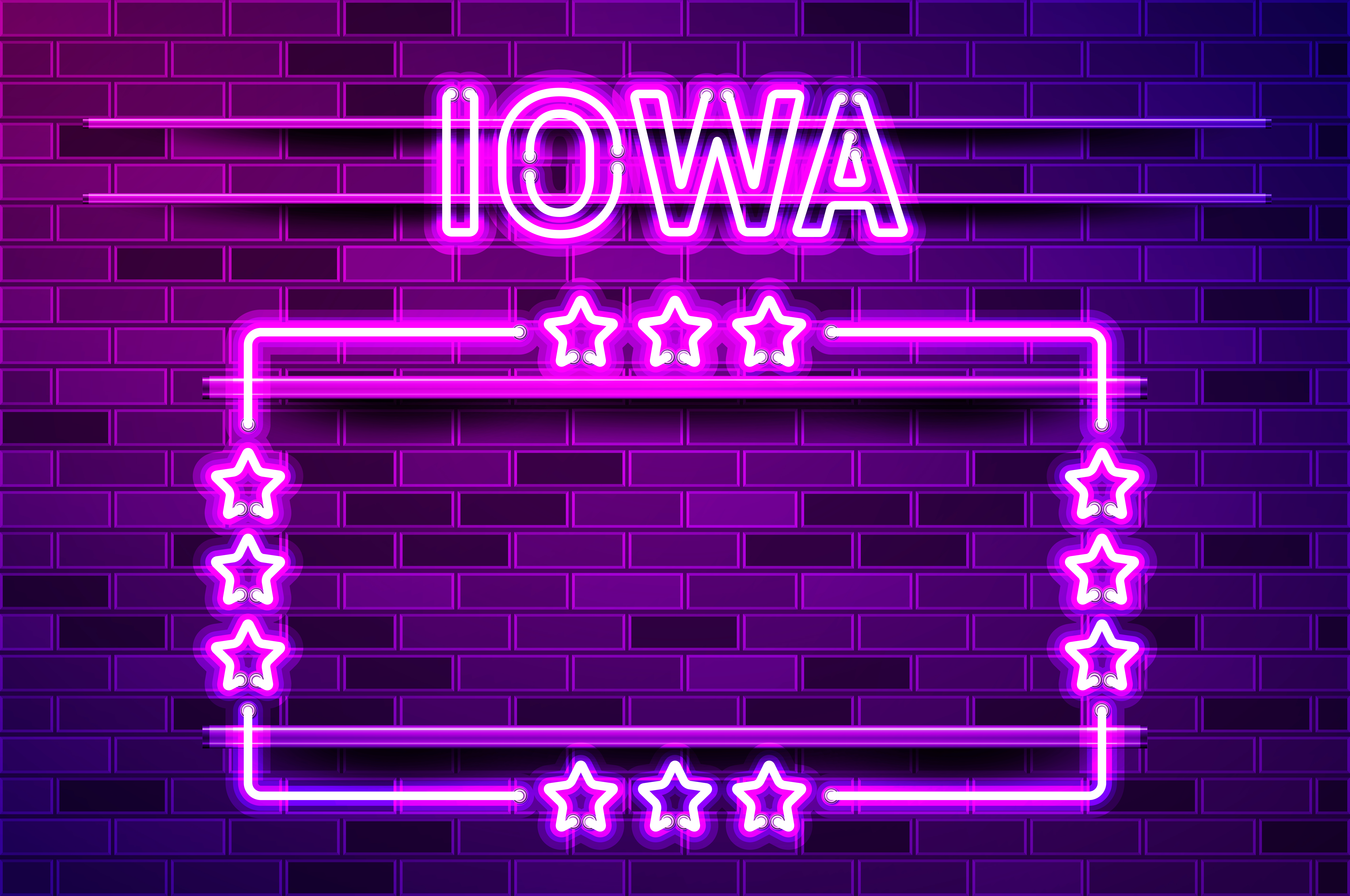 Iowa US State glowing purple neon lettering and a rectangular frame with stars. Realistic vector illustration. Purple brick wall, violet glow, metal holders.. Iowa US State glowing purple neon lettering and a rectangular frame with stars