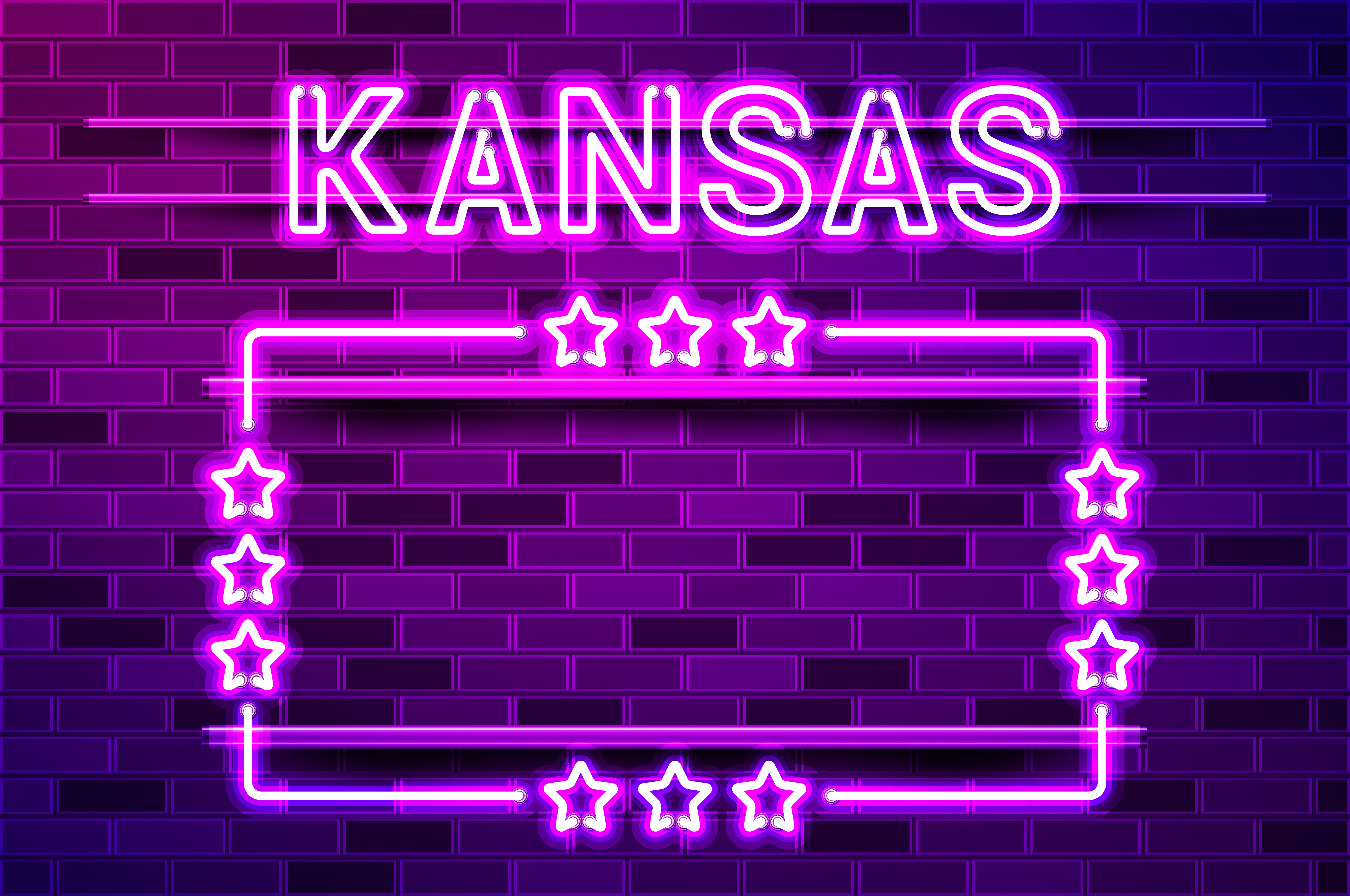 Kansas US State glowing purple neon lettering and a rectangular frame with stars. Realistic vector illustration. Purple brick wall, violet glow, metal holders.. Kansas US State glowing purple neon lettering and a rectangular frame with stars