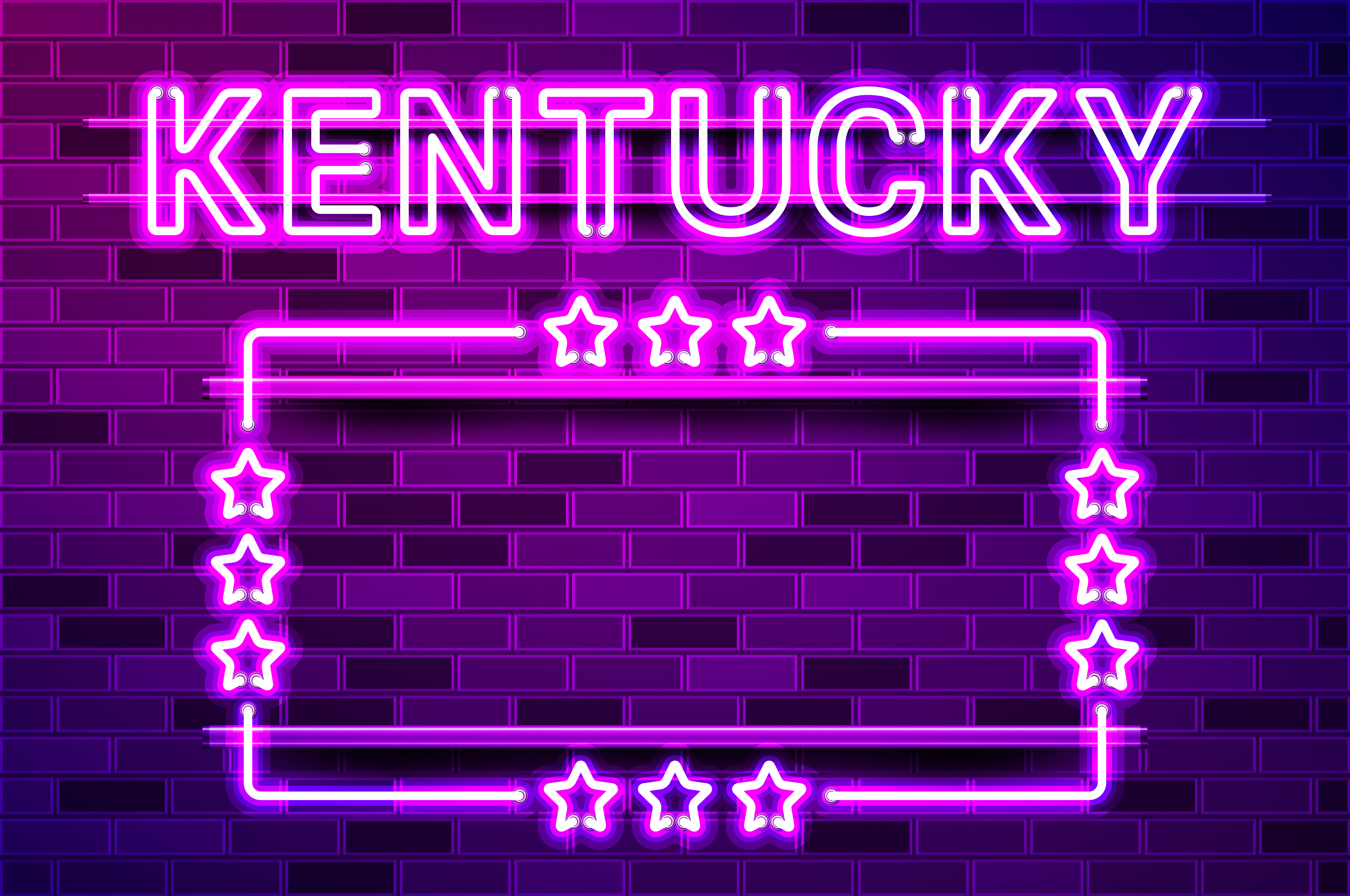 Kentucky US State glowing purple neon lettering and a rectangular frame with stars. Realistic vector illustration. Purple brick wall, violet glow, metal holders.. Kentucky US State glowing purple neon lettering and a rectangular frame with stars