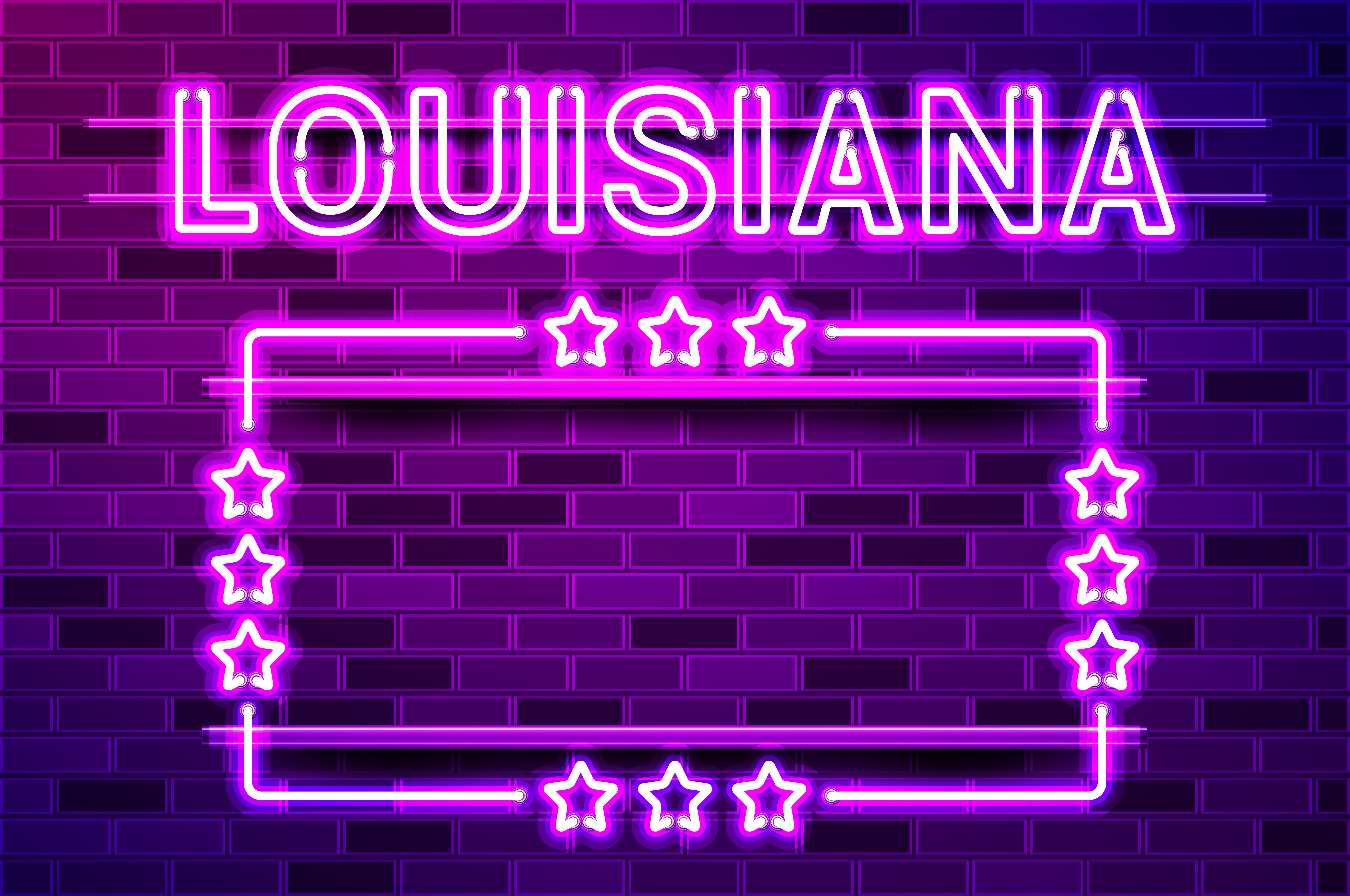Louisiana US State glowing purple neon lettering and a rectangular frame with stars. Realistic vector illustration. Purple brick wall, violet glow, metal holders.. Louisiana US State glowing purple neon lettering and a rectangular frame with stars