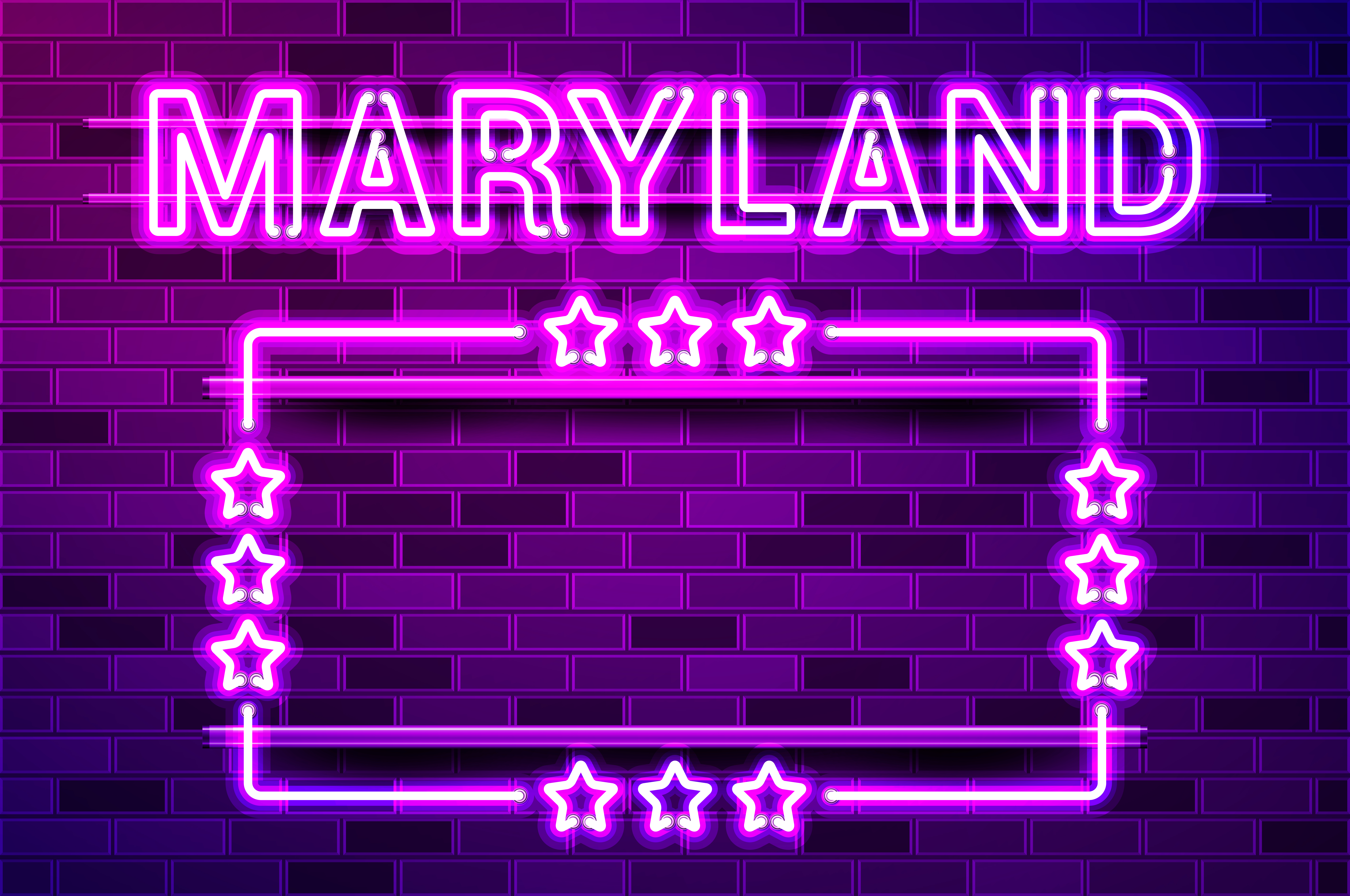Maryland US State glowing purple neon lettering and a rectangular frame with stars. Realistic vector illustration. Purple brick wall, violet glow, metal holders.. Maryland US State glowing purple neon lettering and a rectangular frame with stars