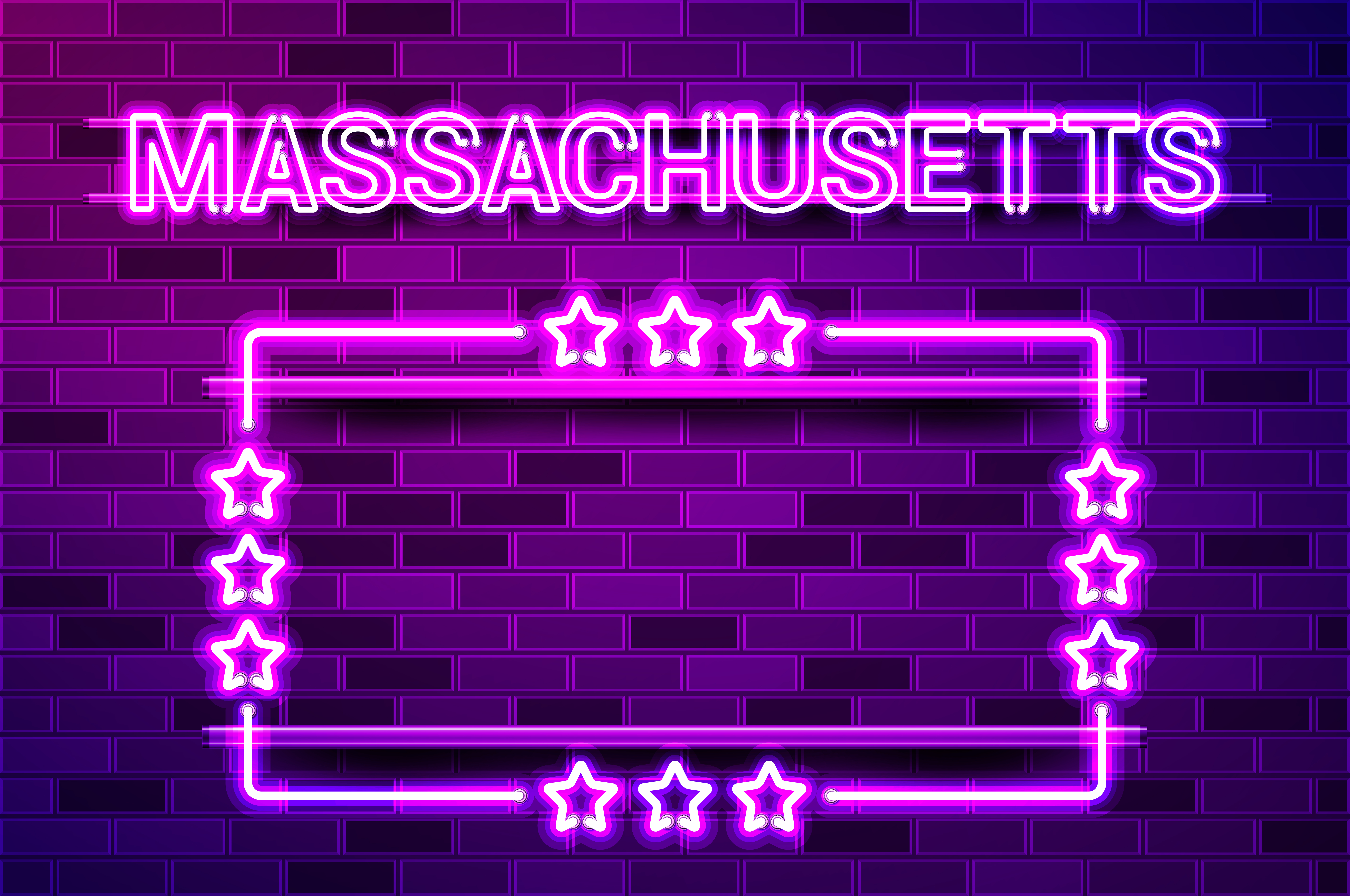 Massachusetts US State glowing purple neon lettering and a rectangular frame with stars. Realistic vector illustration. Purple brick wall, violet glow, metal holders.. Massachusetts US State glowing purple neon lettering and a rectangular frame with stars