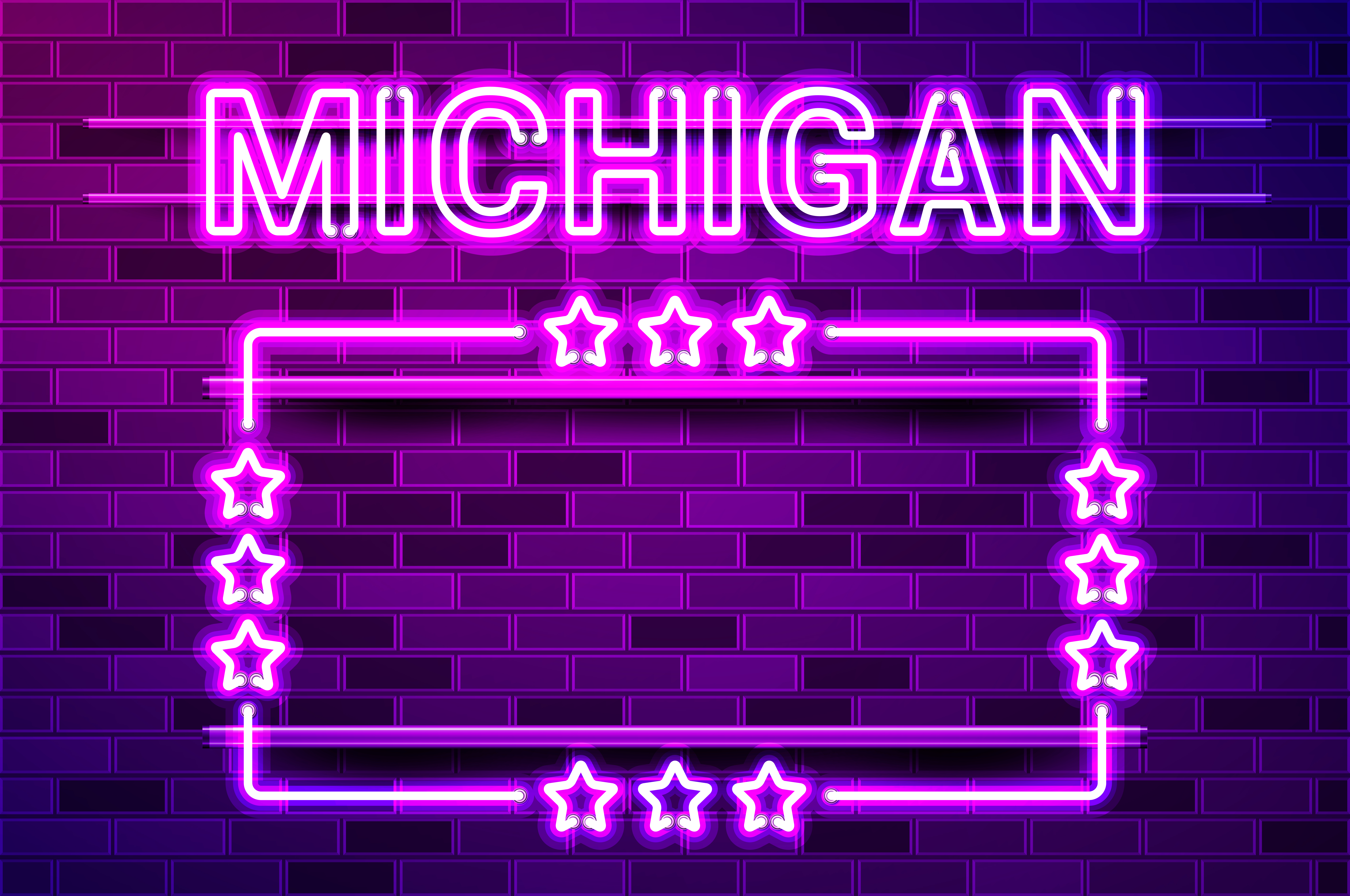 Michigan US State glowing purple neon lettering and a rectangular frame with stars. Realistic vector illustration. Purple brick wall, violet glow, metal holders.. Michigan US State glowing purple neon lettering and a rectangular frame with stars