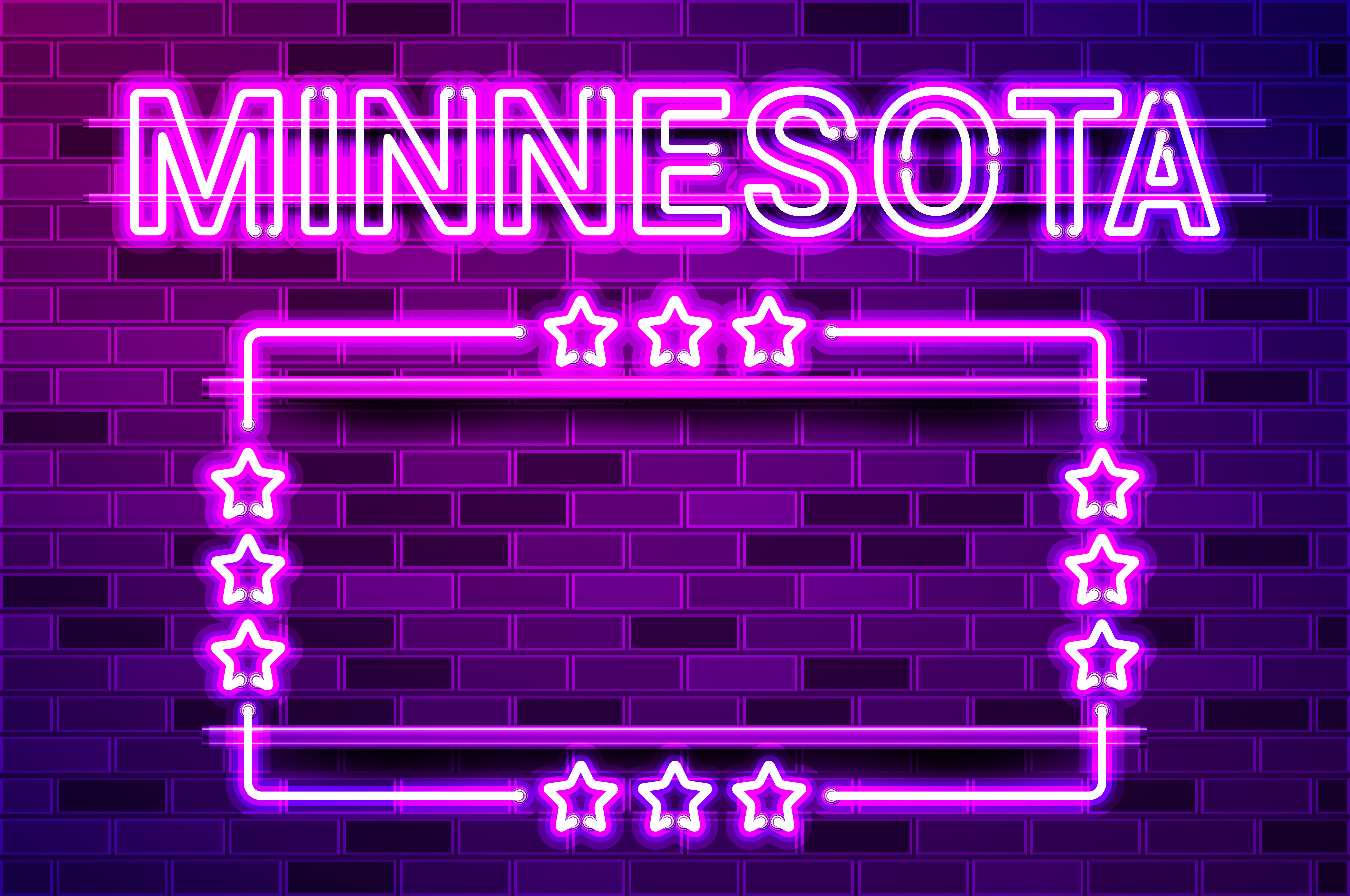Minnesota US State glowing purple neon lettering and a rectangular frame with stars. Realistic vector illustration. Purple brick wall, violet glow, metal holders.. Minnesota US State glowing purple neon lettering and a rectangular frame with stars