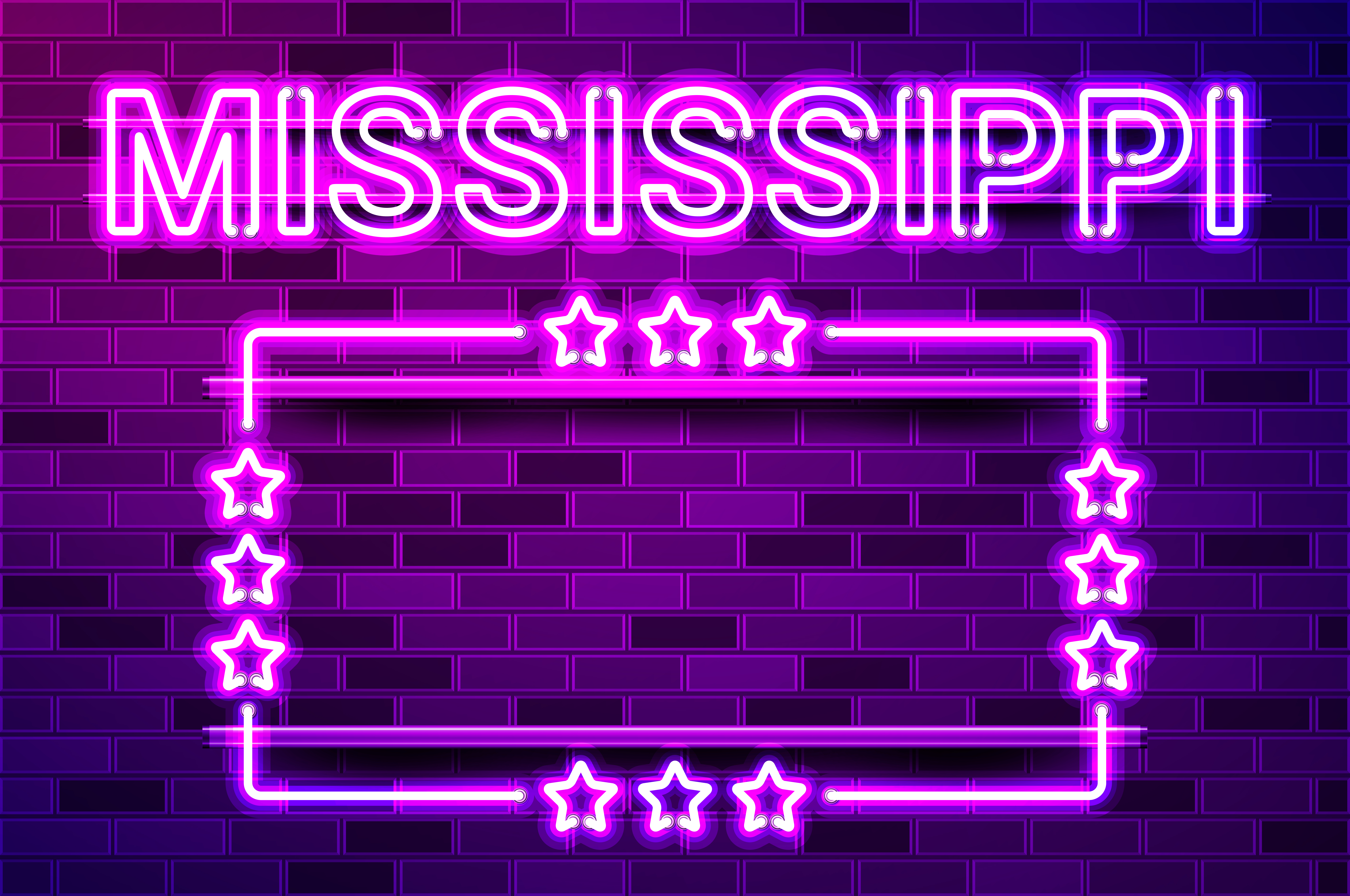 Mississippi US State glowing purple neon lettering and a rectangular frame with stars. Realistic vector illustration. Purple brick wall, violet glow, metal holders.. Mississippi US State glowing purple neon lettering and a rectangular frame with stars