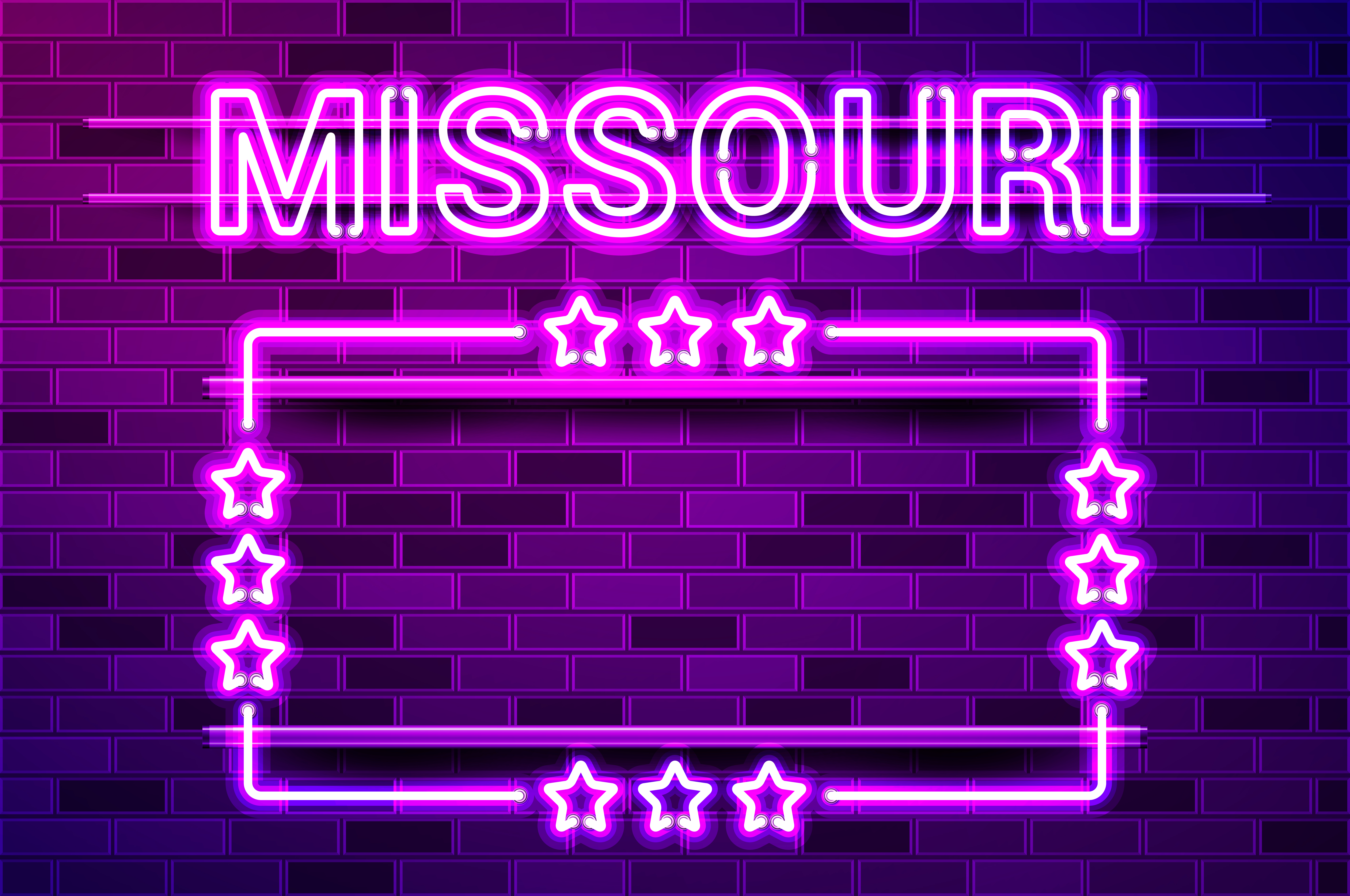 Missouri US State glowing purple neon lettering and a rectangular frame with stars. Realistic vector illustration. Purple brick wall, violet glow, metal holders.. Missouri US State glowing purple neon lettering and a rectangular frame with stars