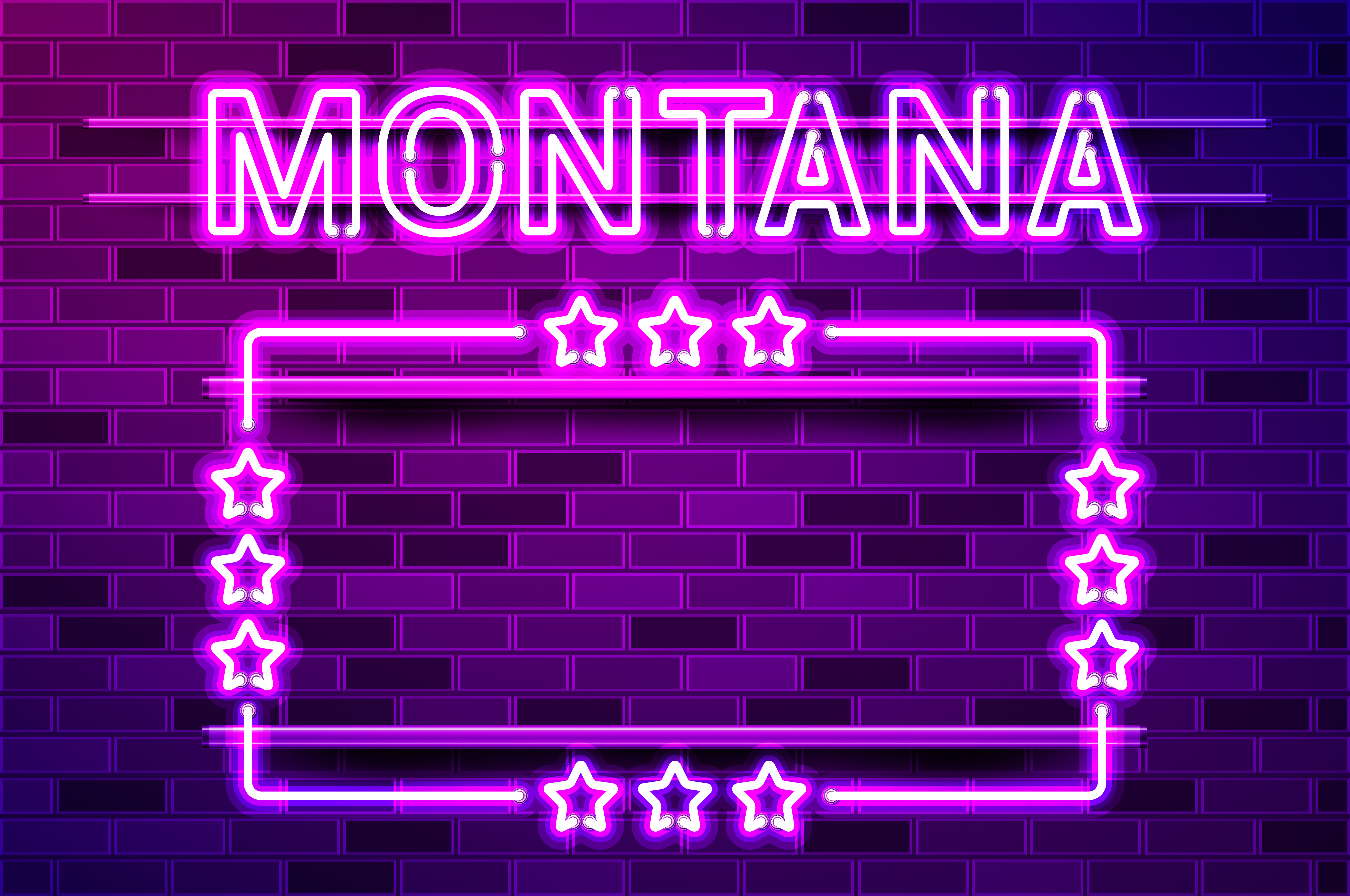 Montana US State glowing purple neon lettering and a rectangular frame with stars. Realistic vector illustration. Purple brick wall, violet glow, metal holders.. Montana US State glowing purple neon lettering and a rectangular frame with stars