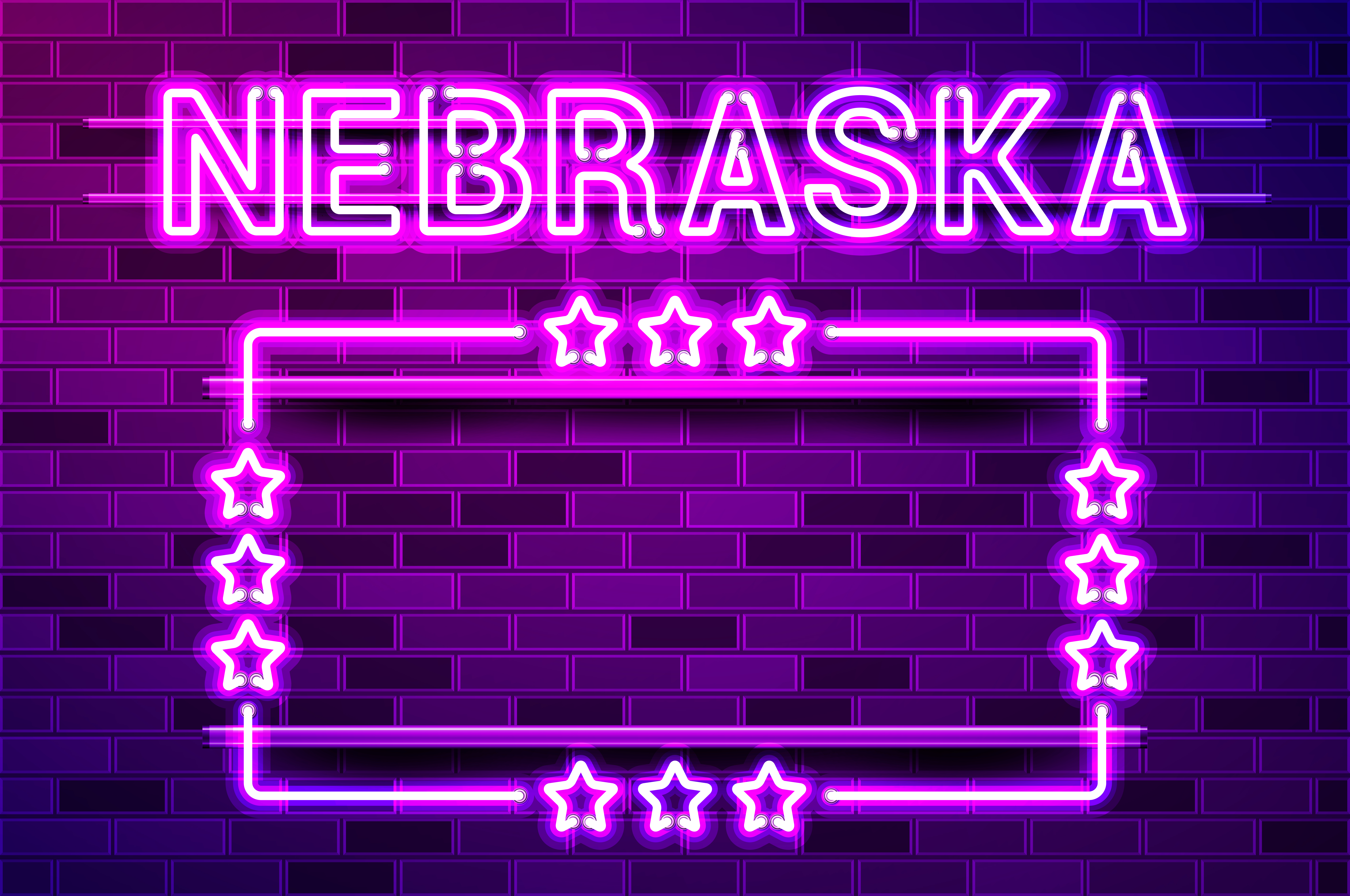 Nebraska US State glowing purple neon lettering and a rectangular frame with stars. Realistic vector illustration. Purple brick wall, violet glow, metal holders.. Nebraska US State glowing purple neon lettering and a rectangular frame with stars