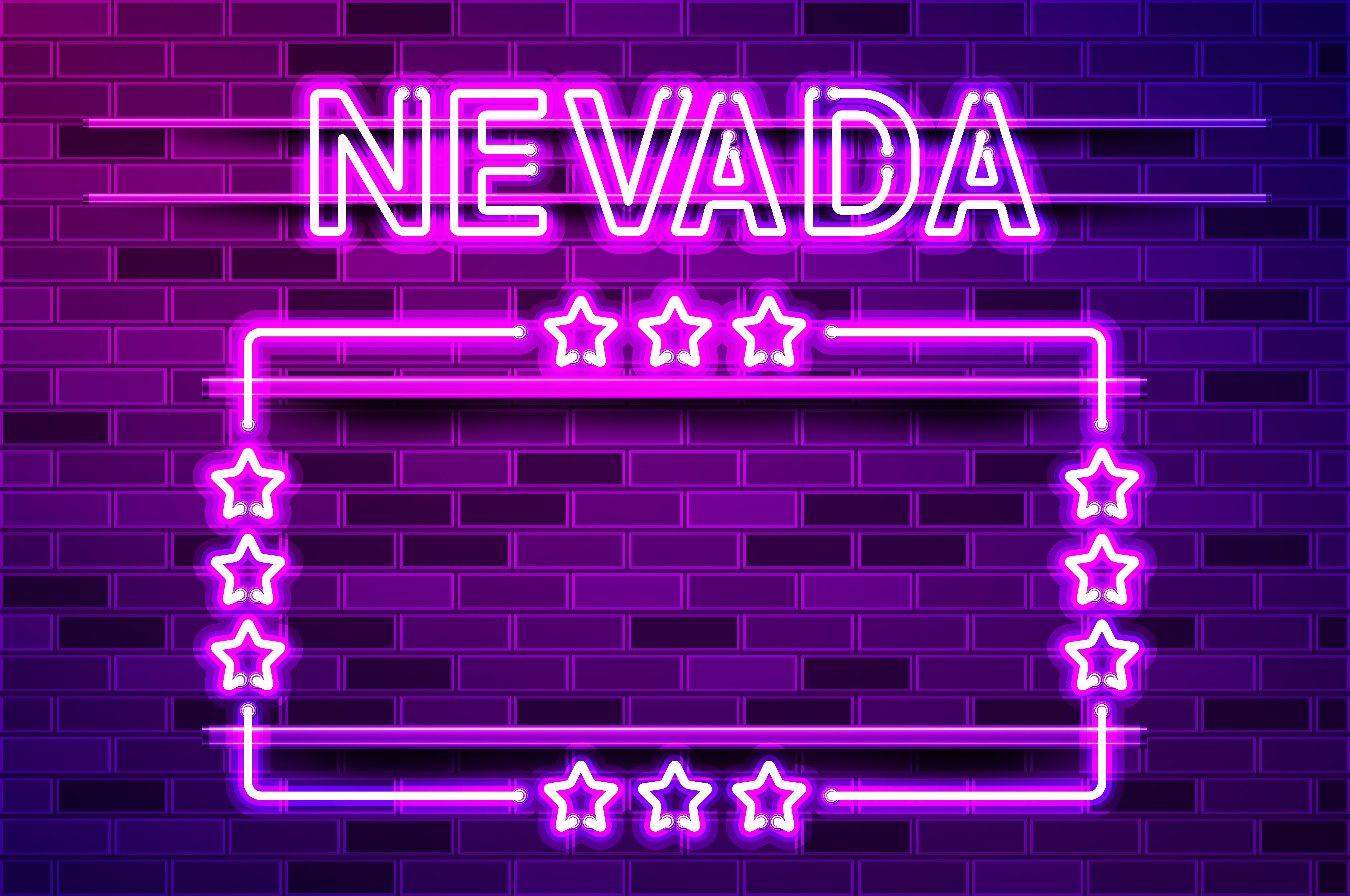 Nevada US State glowing purple neon lettering and a rectangular frame with stars. Realistic vector illustration. Purple brick wall, violet glow, metal holders.. Nevada US State glowing purple neon lettering and a rectangular frame with stars