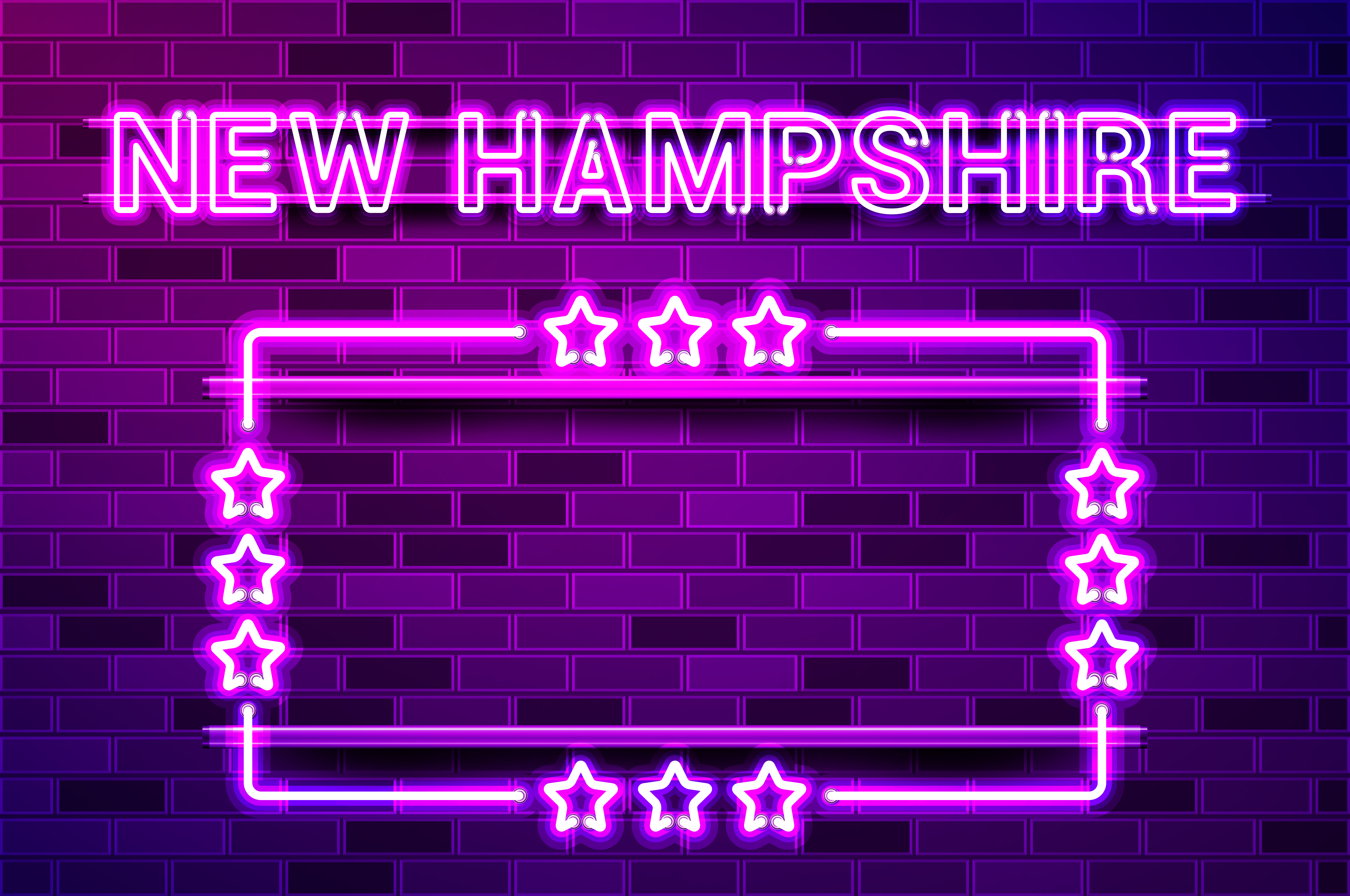 New Hampshire US State glowing purple neon lettering and a rectangular frame with stars. Realistic vector illustration. Purple brick wall, violet glow, metal holders.. New Hampshire US State glowing purple neon lettering and a rectangular frame with stars