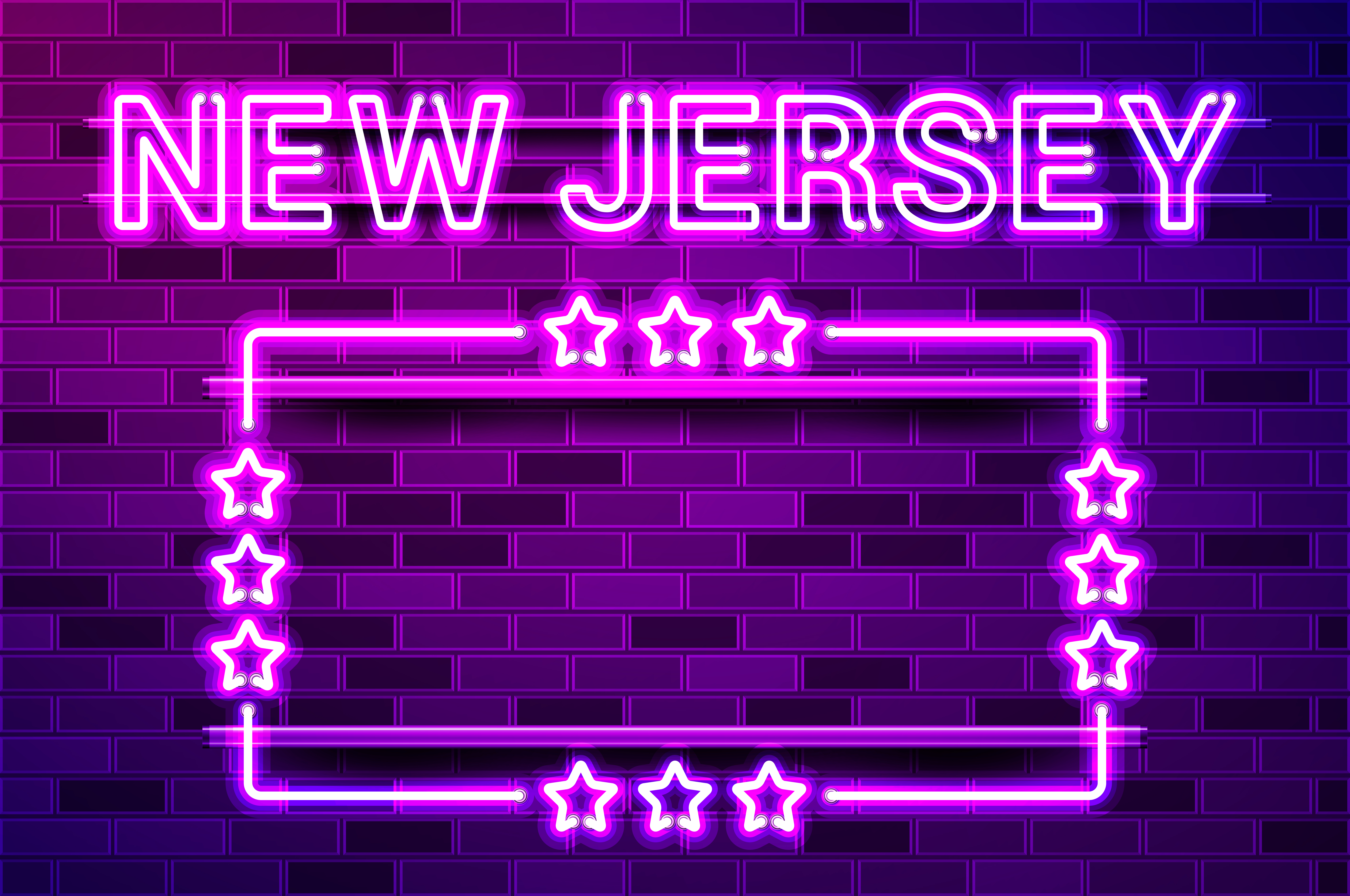 New Jersey US State glowing purple neon lettering and a rectangular frame with stars. Realistic vector illustration. Purple brick wall, violet glow, metal holders.. New Jersey US State glowing purple neon lettering and a rectangular frame with stars