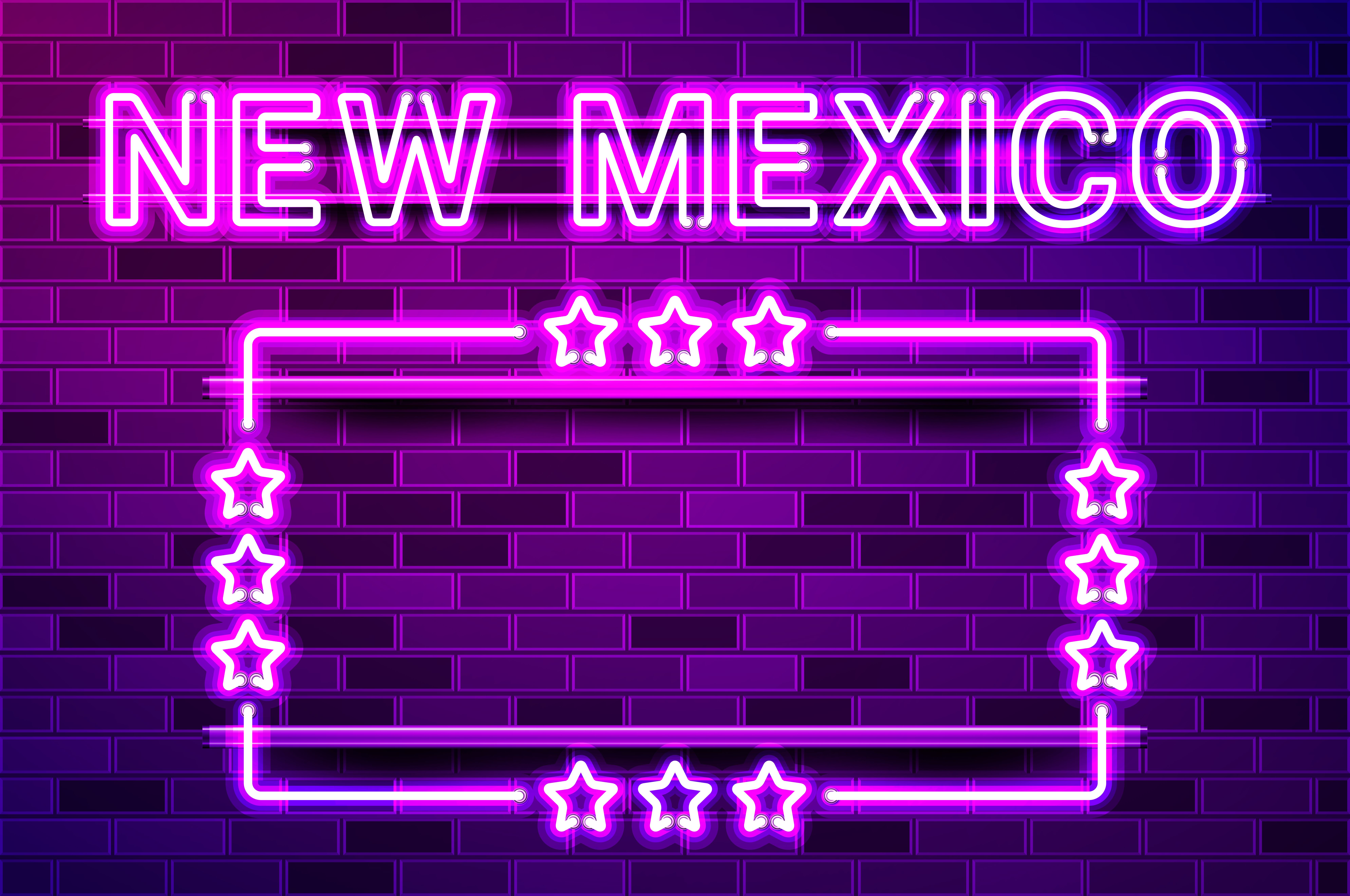 New Mexico US State glowing purple neon lettering and a rectangular frame with stars. Realistic vector illustration. Purple brick wall, violet glow, metal holders.. New Mexico US State glowing purple neon lettering and a rectangular frame with stars