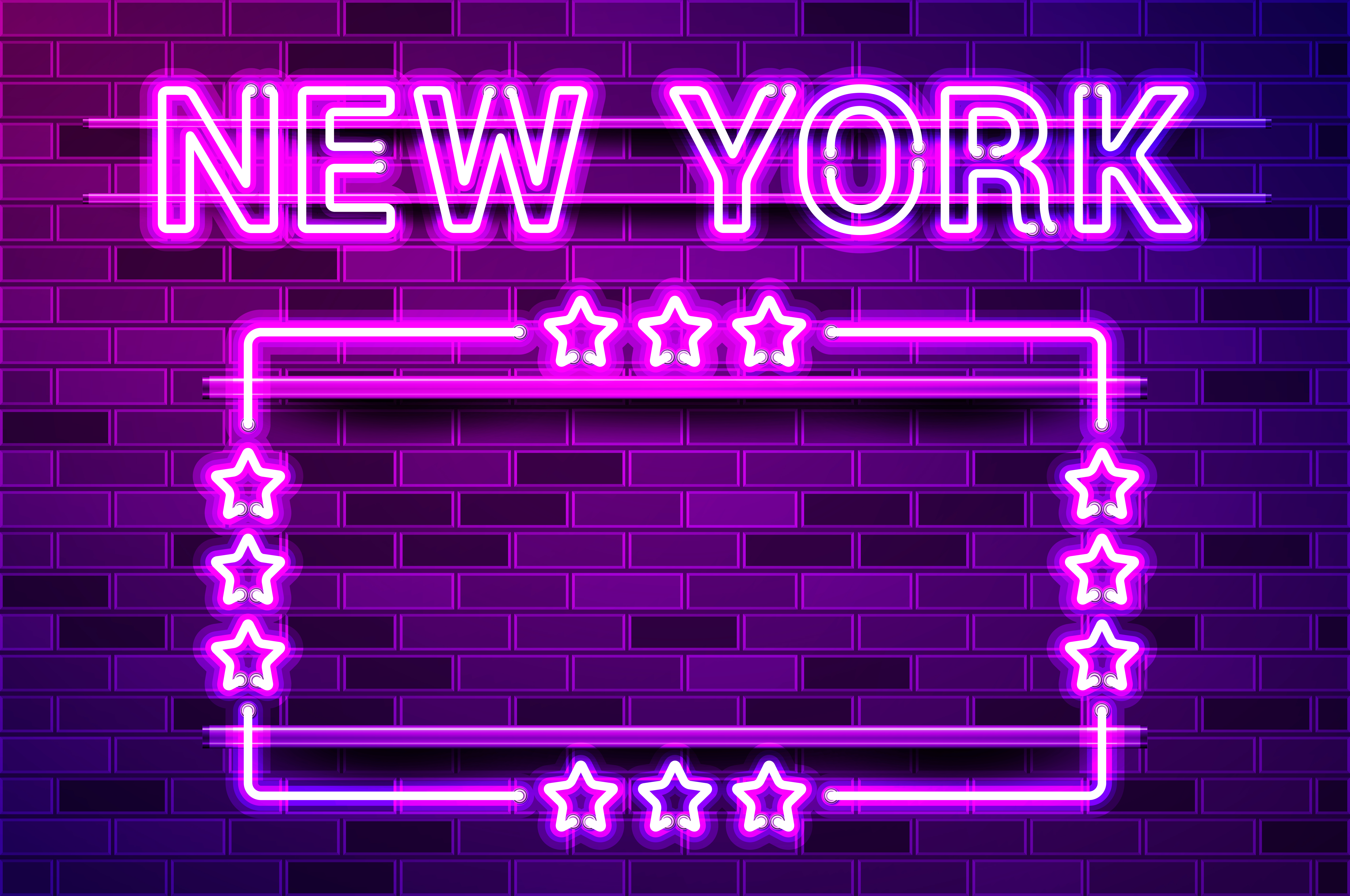 New York US State glowing purple neon lettering and a rectangular frame with stars. Realistic vector illustration. Purple brick wall, violet glow, metal holders.. New York US State glowing purple neon lettering and a rectangular frame with stars