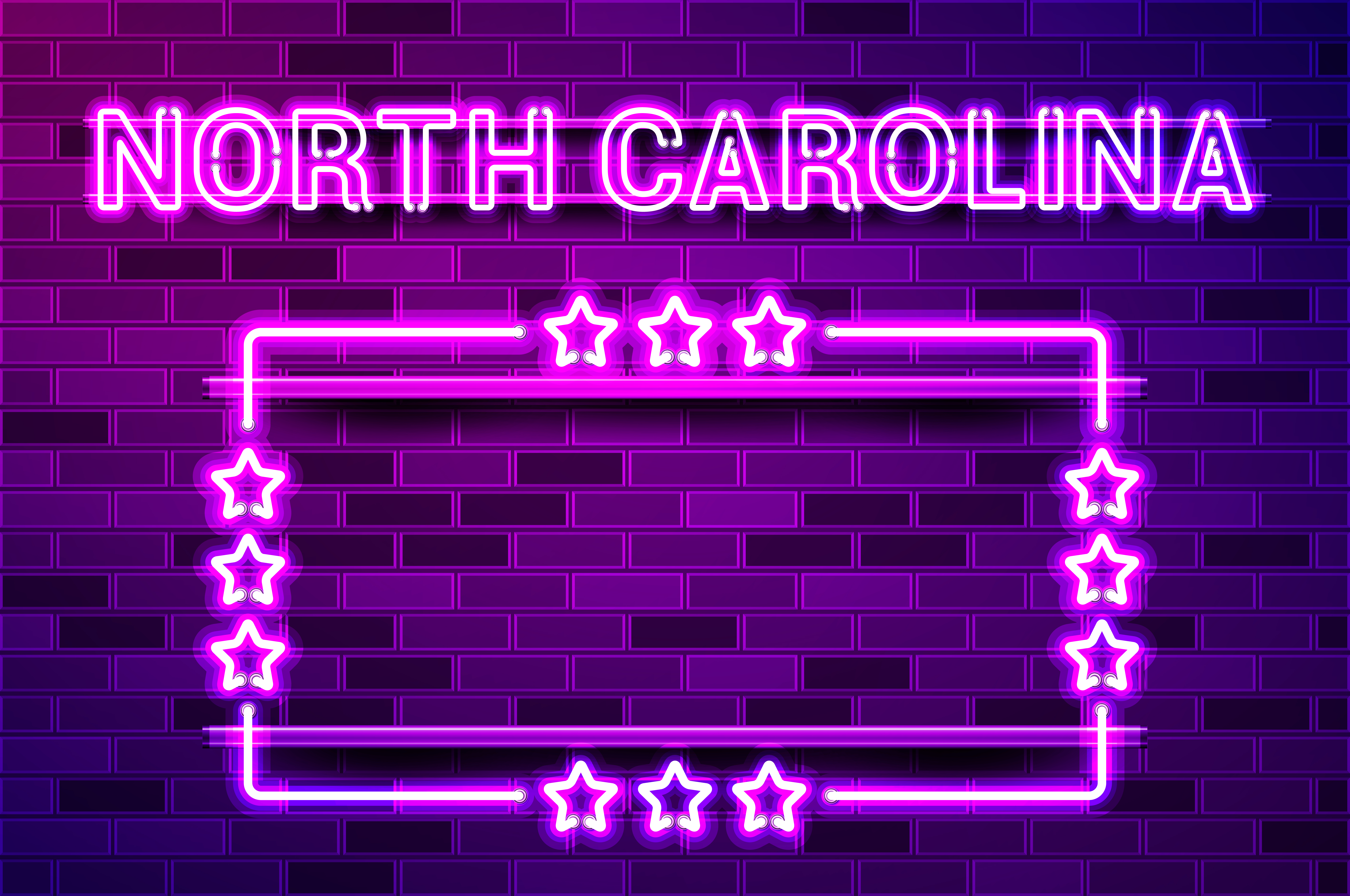 North Carolina US State glowing purple neon lettering and a rectangular frame with stars. Realistic vector illustration. Purple brick wall, violet glow, metal holders.. North Carolina US State glowing purple neon lettering and a rectangular frame with stars