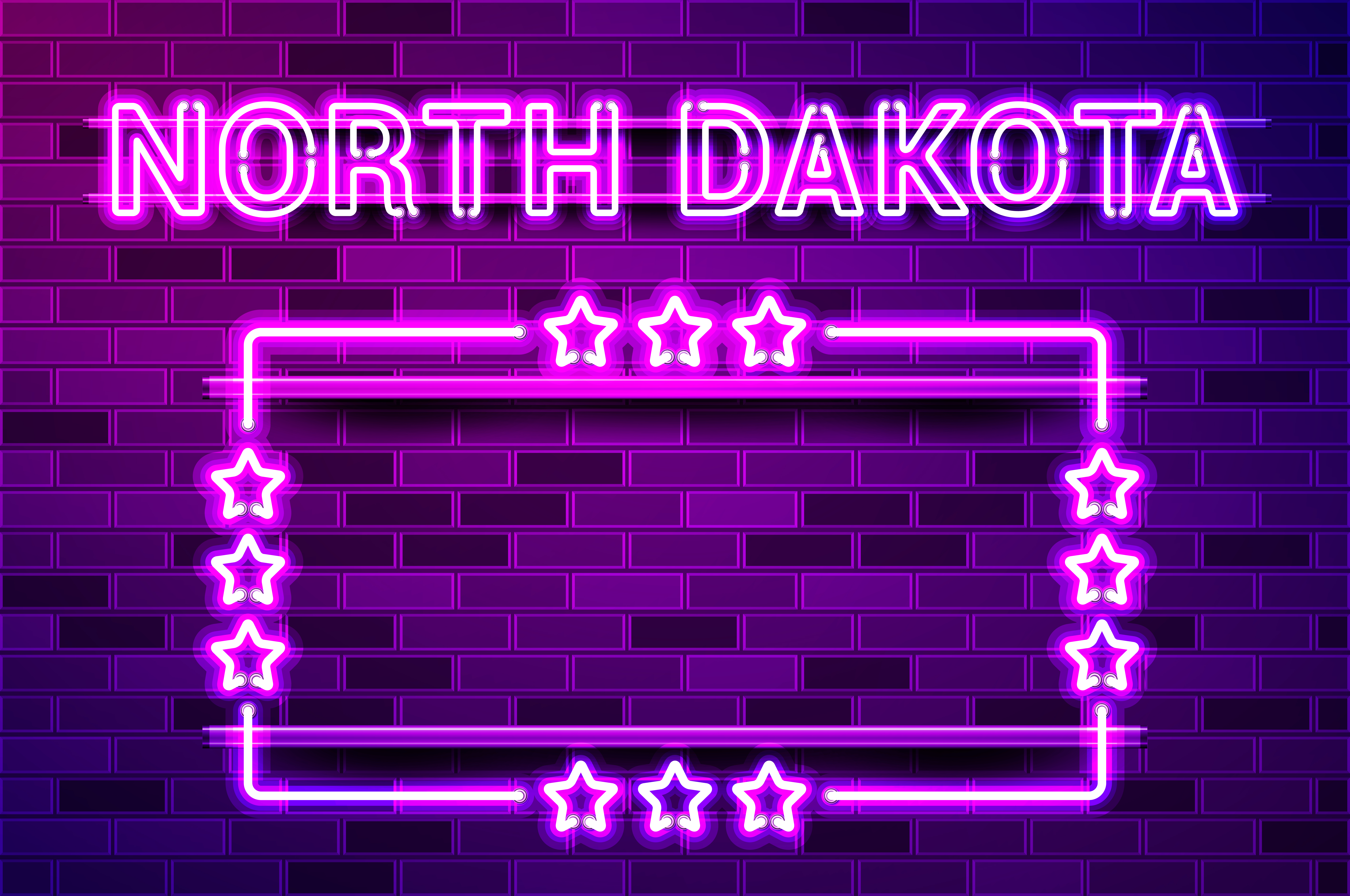 North Dakota US State glowing purple neon lettering and a rectangular frame with stars. Realistic vector illustration. Purple brick wall, violet glow, metal holders.. North Dakota US State glowing purple neon lettering and a rectangular frame with stars