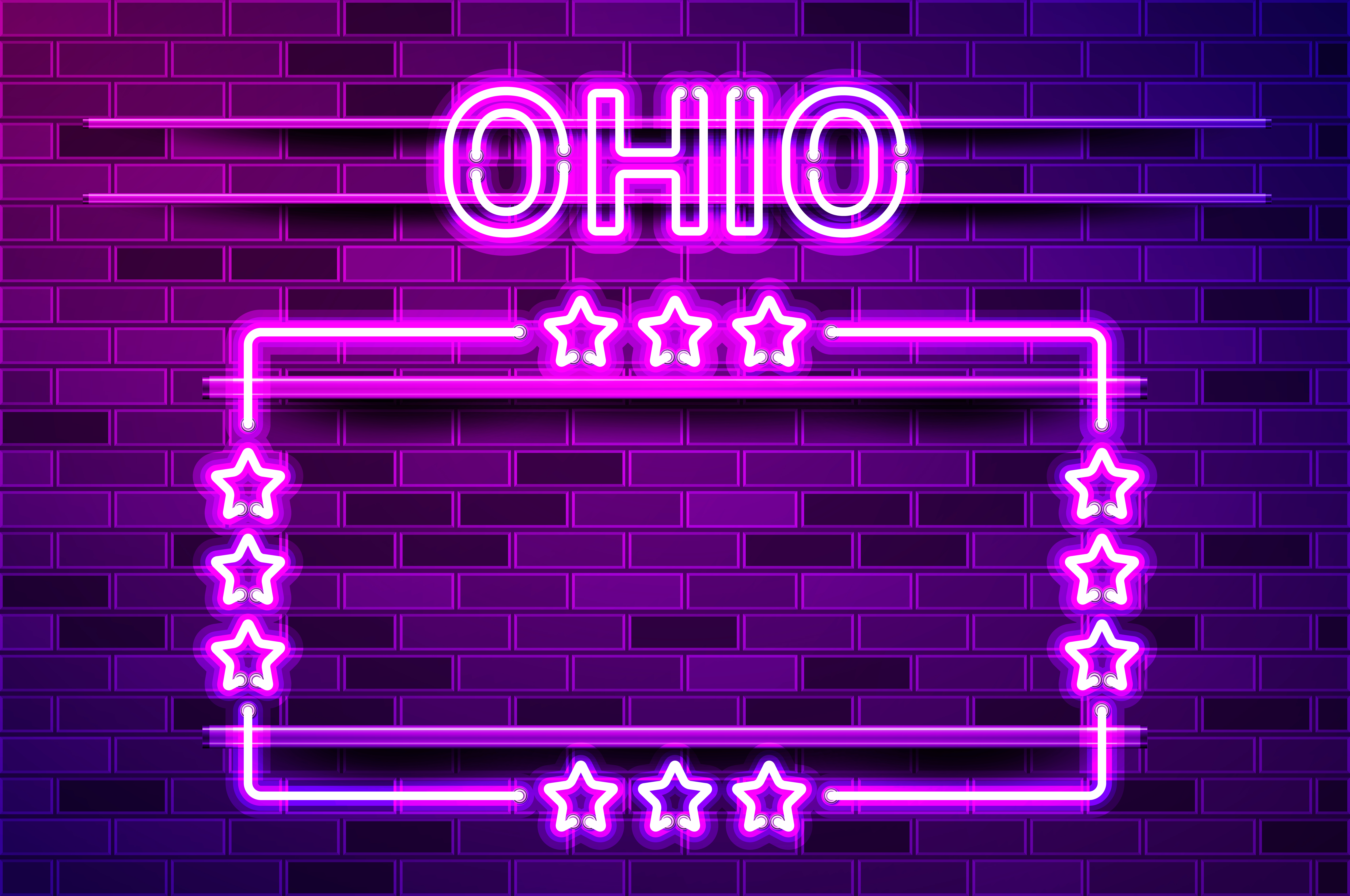 Ohio US State glowing purple neon lettering and a rectangular frame with stars. Realistic vector illustration. Purple brick wall, violet glow, metal holders.. Ohio US State glowing purple neon lettering and a rectangular frame with stars