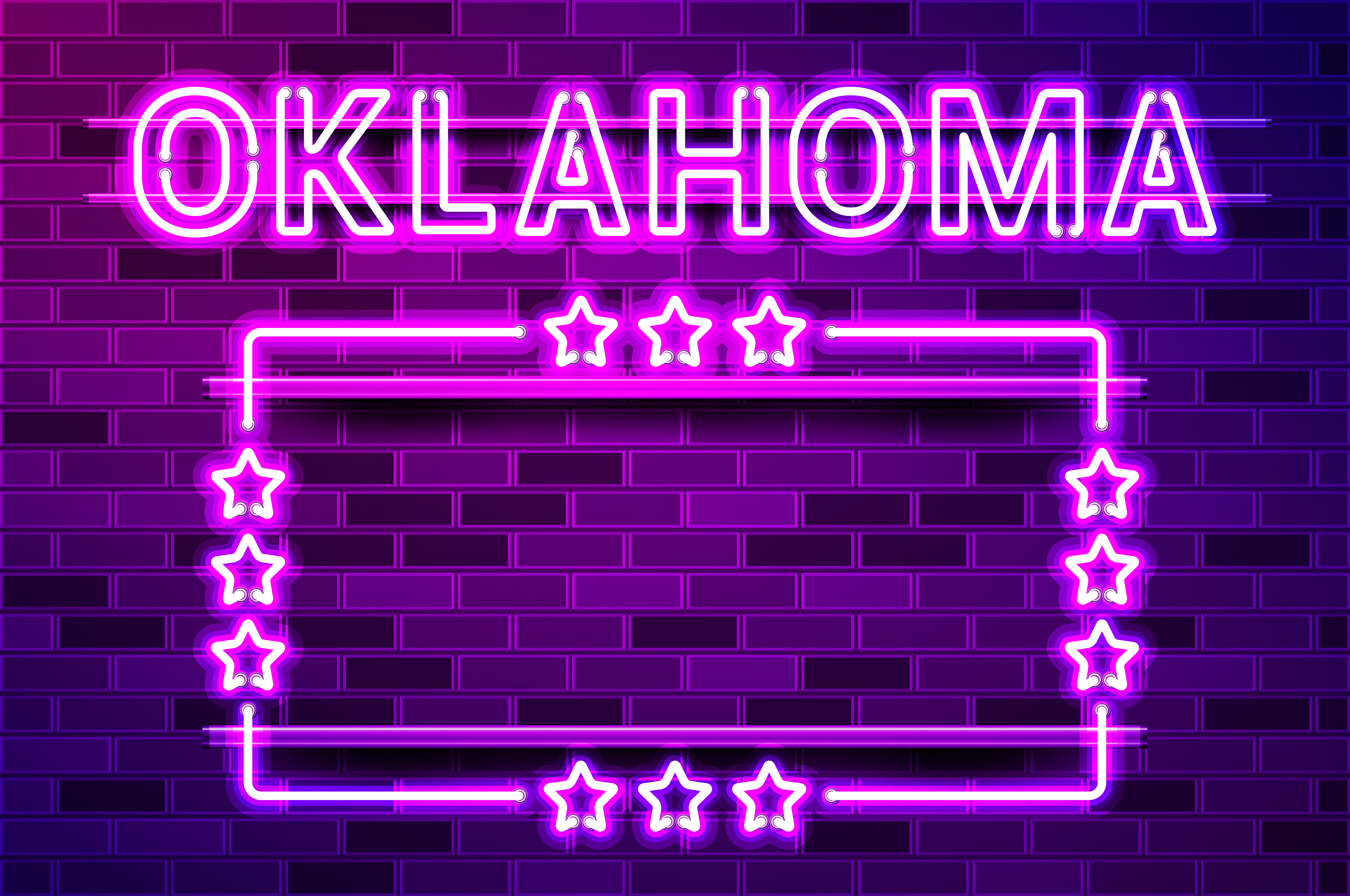 Oklahoma US State glowing purple neon lettering and a rectangular frame with stars. Realistic vector illustration. Purple brick wall, violet glow, metal holders.. Oklahoma US State glowing purple neon lettering and a rectangular frame with stars